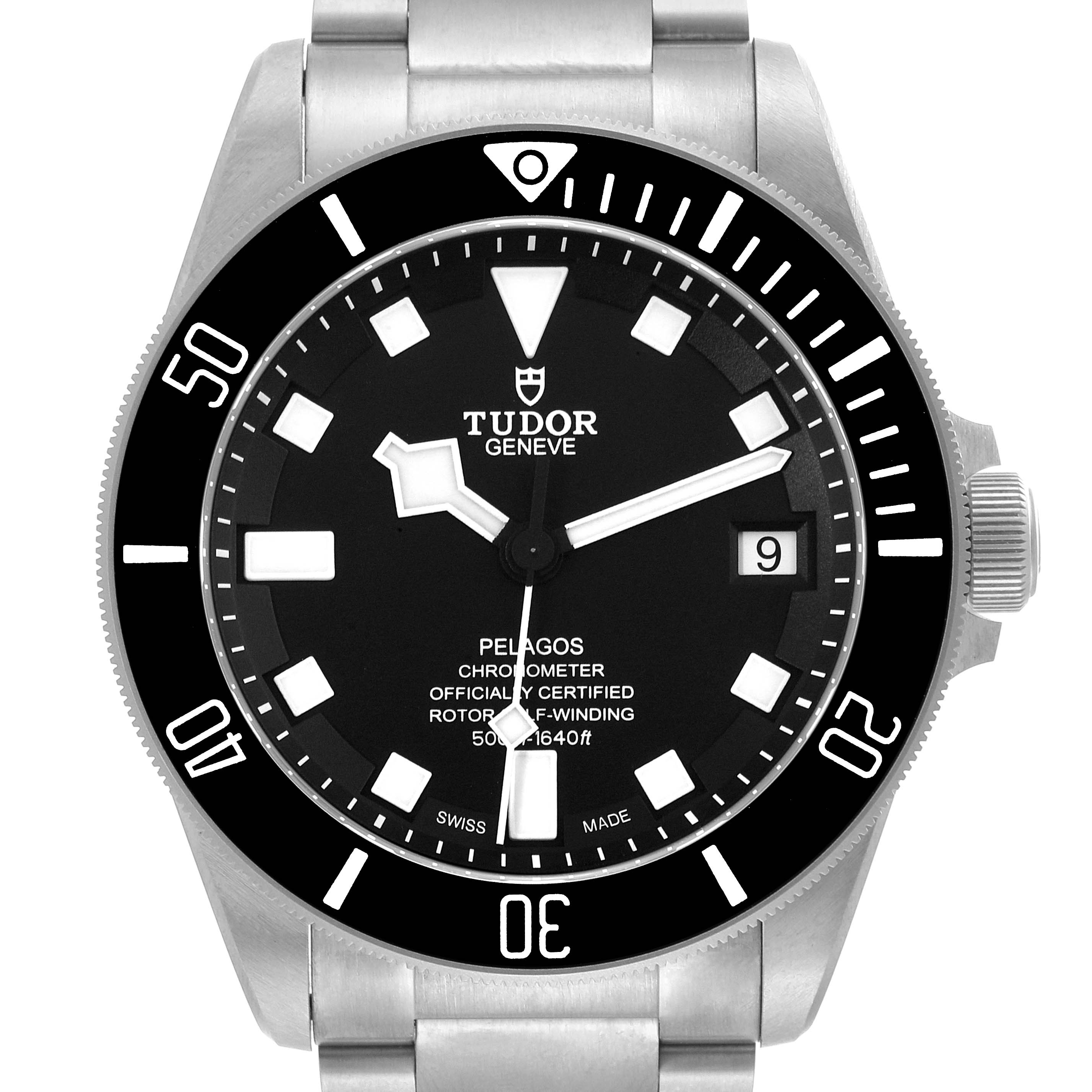 This image shows a front view of the Tudor Pelagos M25600TN-0001 Men
s Titanium Black Dial M25600TN-0001 Men
s Titanium Black Dial watch, displaying the dial, bezel, crown, and part of the bracelet.