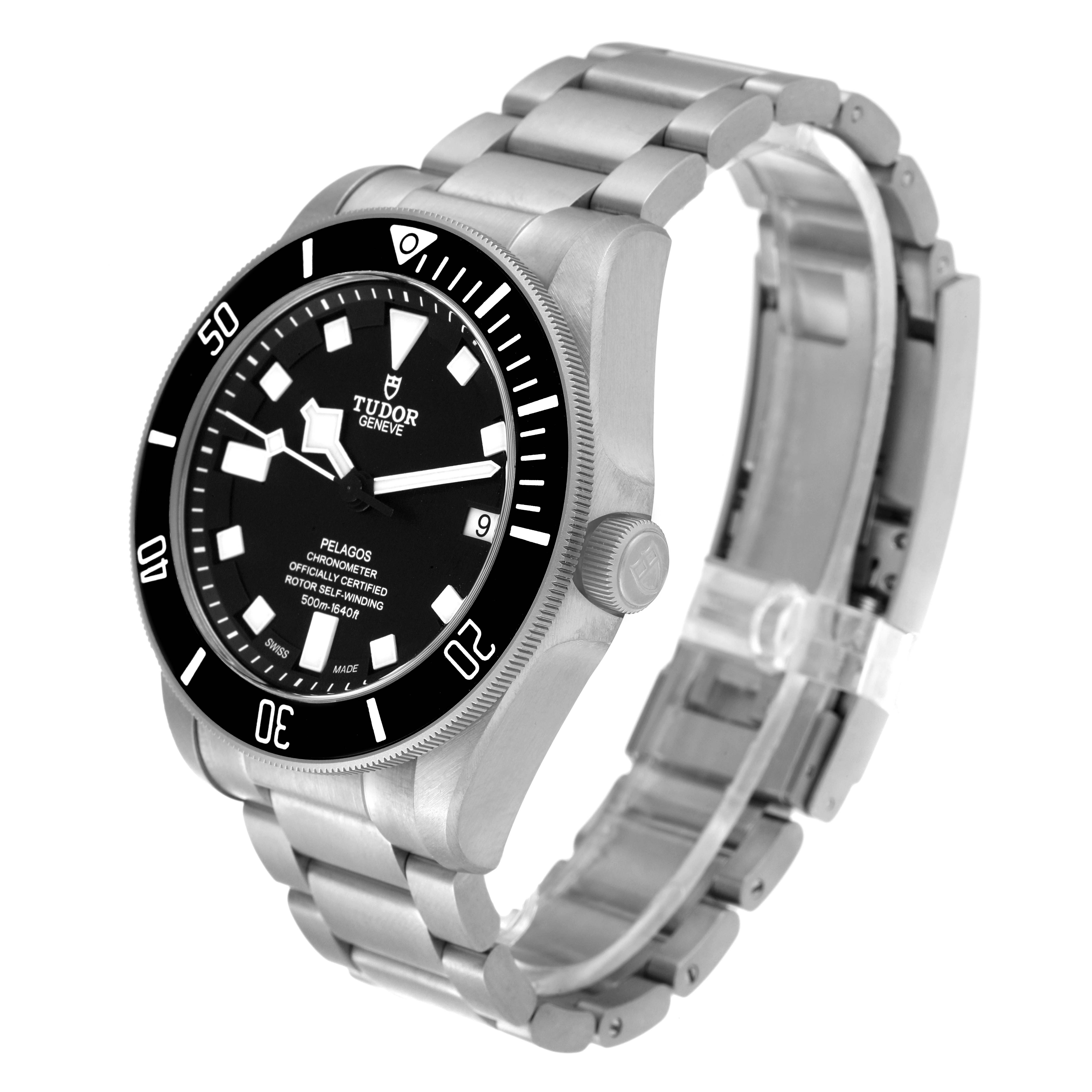 This image shows a Tudor Pelagos M25600TN-0001 Men
s Titanium Black Dial M25600TN-0001 Men
s Titanium Black Dial watch at an angled side view, revealing its dial, bezel, crown, and stainless steel bracelet.
