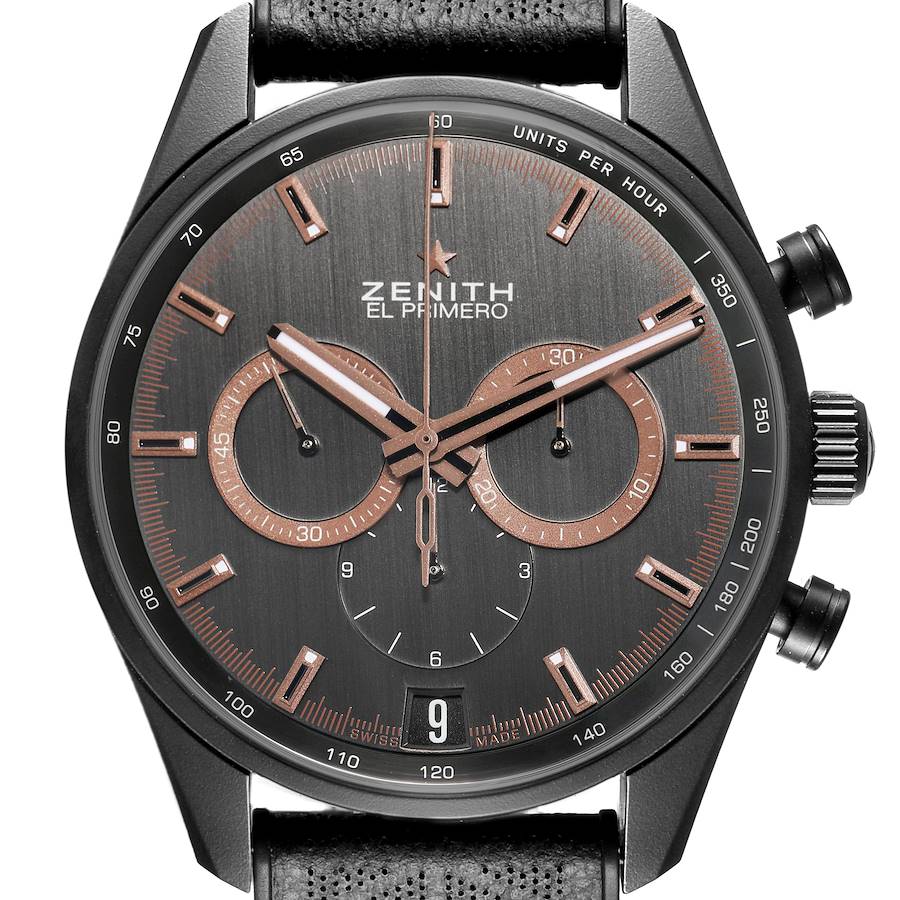 The Zenith Chronomaster watch is shown from a top-down angle, displaying the face, hands, subdials, and crown.