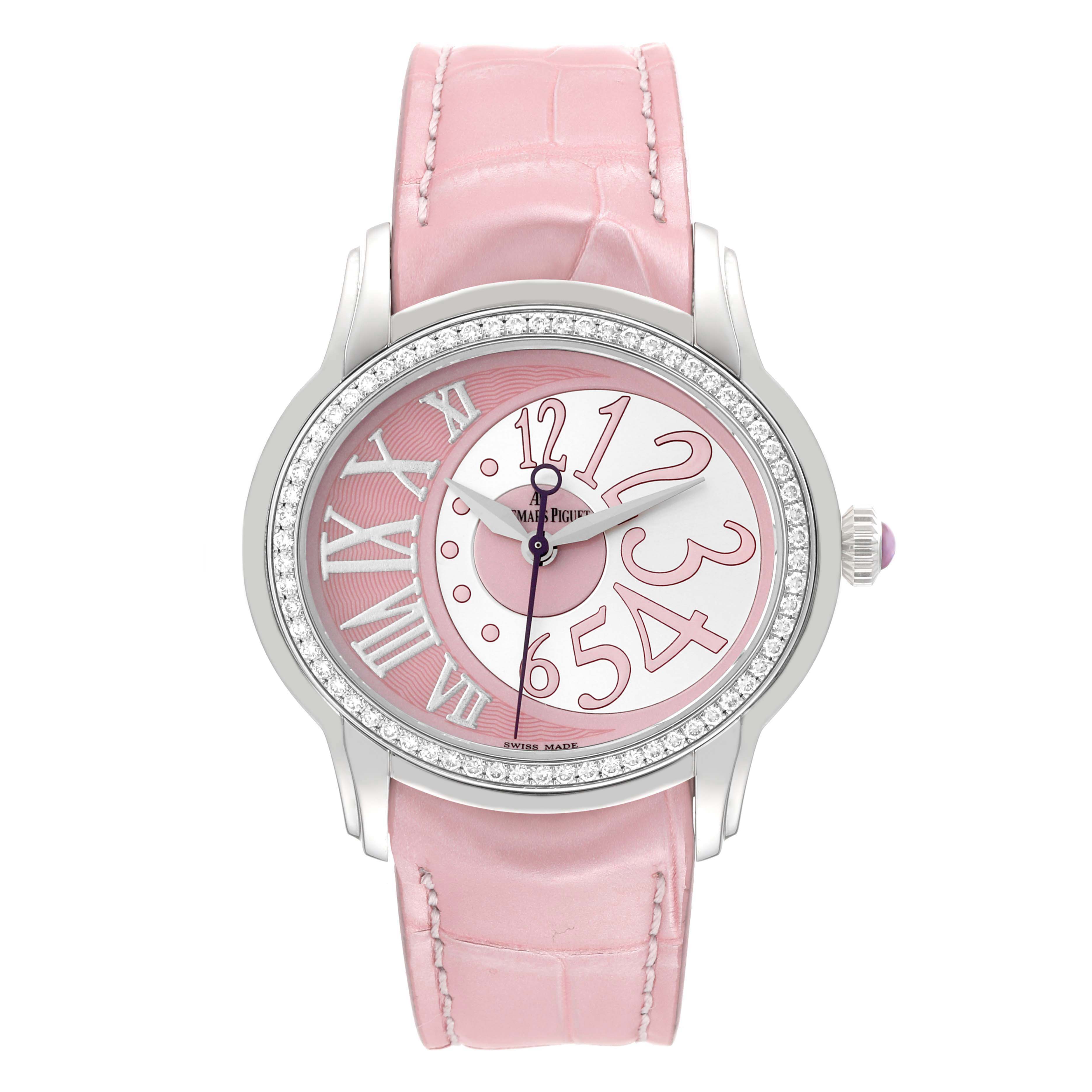 The Audemars Piguet Millenary 77301ST Women's Stainless Steel Pink Dial 77301ST Women's Stainless Steel Pink Dial watch is shown from a top view, highlighting its pink dial, case, and strap.