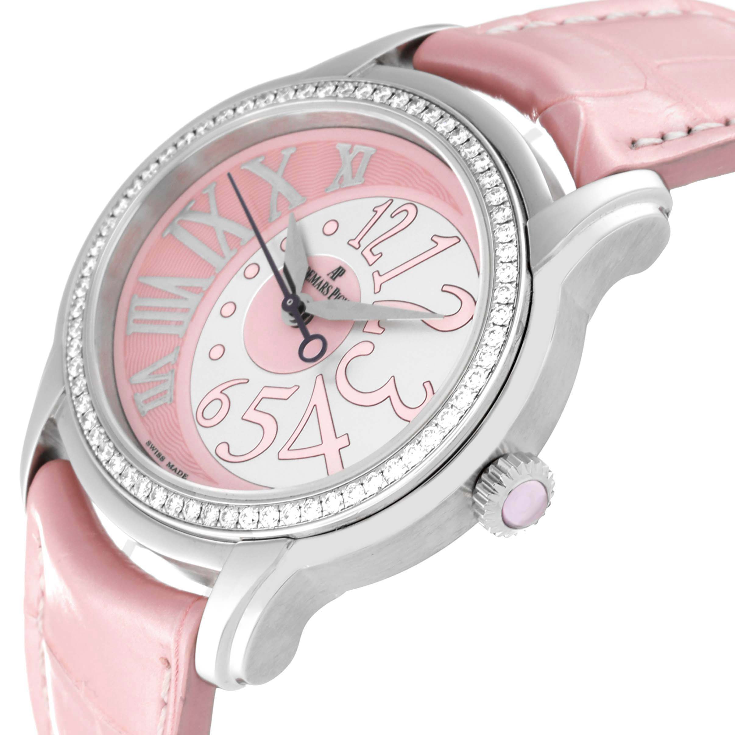 The image shows a side angle of the Audemars Piguet Millenary 77301ST Women's Stainless Steel Pink Dial 77301ST Women's Stainless Steel Pink Dial watch, highlighting the pink strap, diamond bezel, and pink dial.