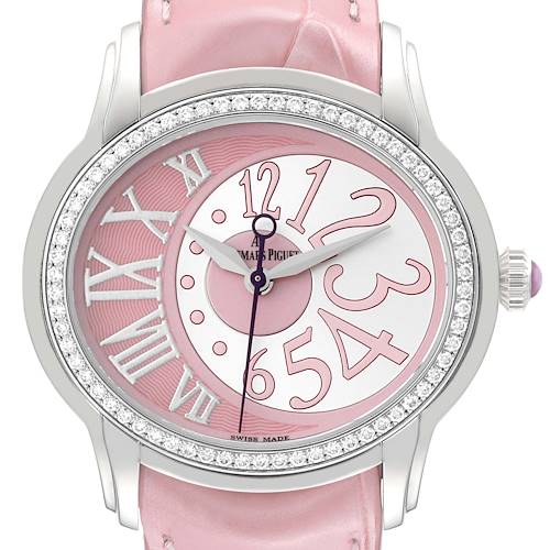 The Audemars Piguet Millenary watch is shown from a front angle, displaying its pink dial, diamond bezel, and pink strap.