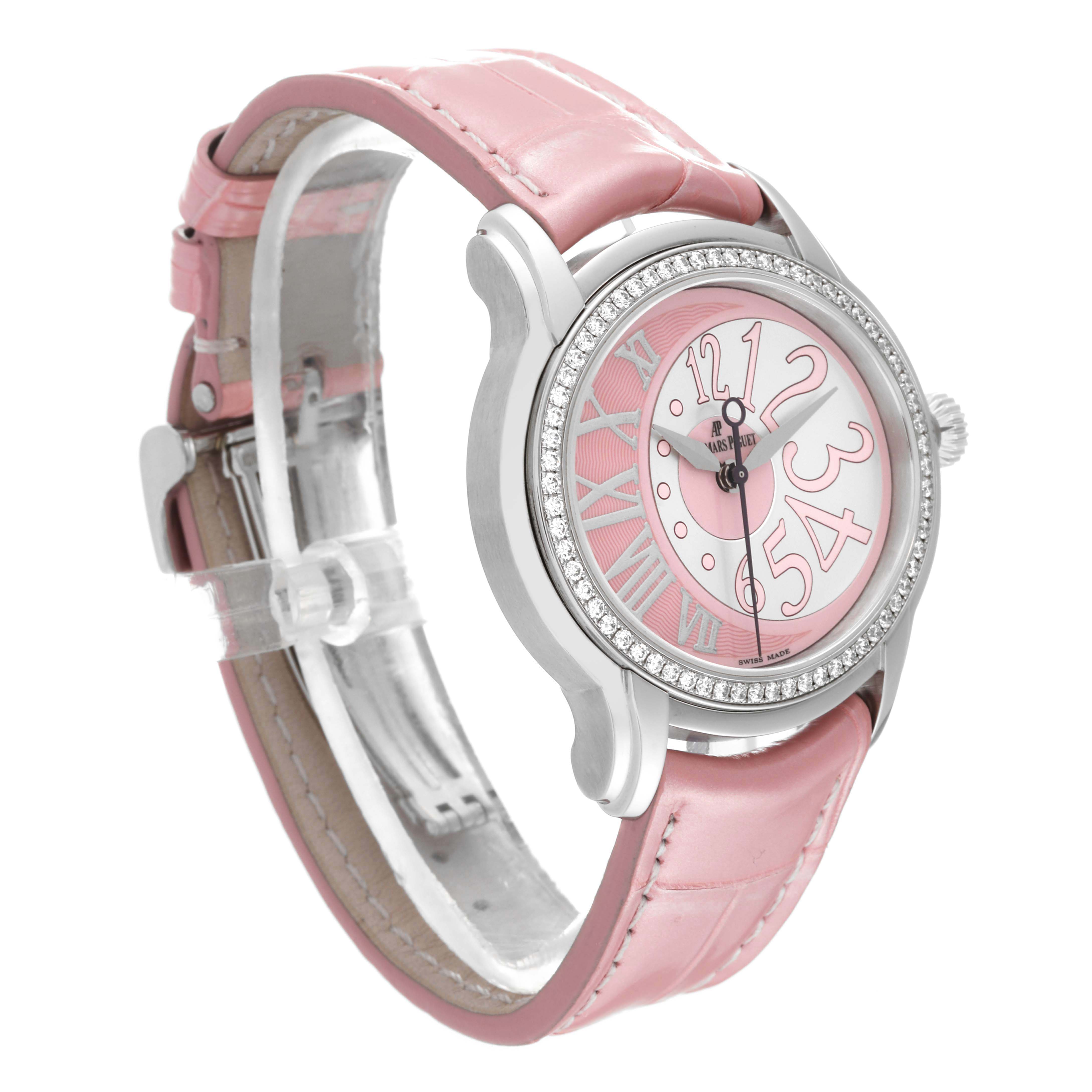 The Audemars Piguet Millenary 77301ST Women's Stainless Steel Pink Dial 77301ST Women's Stainless Steel Pink Dial watch is shown at a side angle, displaying its case, dial, strap, and bezel adorned with diamonds.