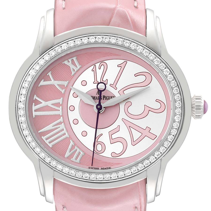 The Audemars Piguet Millenary watch is shown from the front, displaying the dial with pink accents, numerals, and diamond-set bezel.