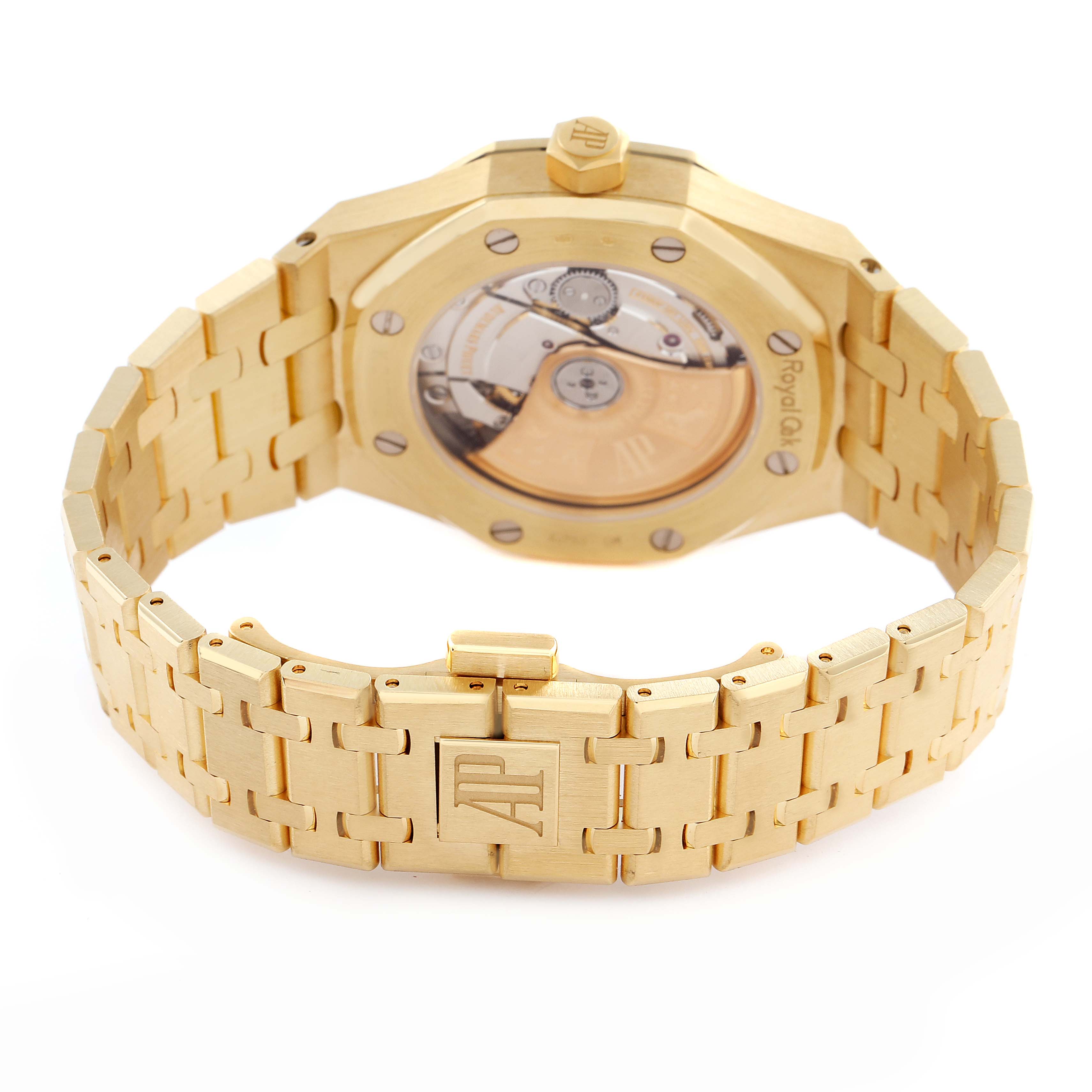 The image shows the back of an Audemars Piguet Royal Oak 15451BA.ZZ.1256BA.01 Men's Yellow Gold Blue Dial 15451BA.ZZ.1256BA.01 Men's Yellow Gold Blue Dial watch, highlighting the case back, movement, and bracelet clasp.