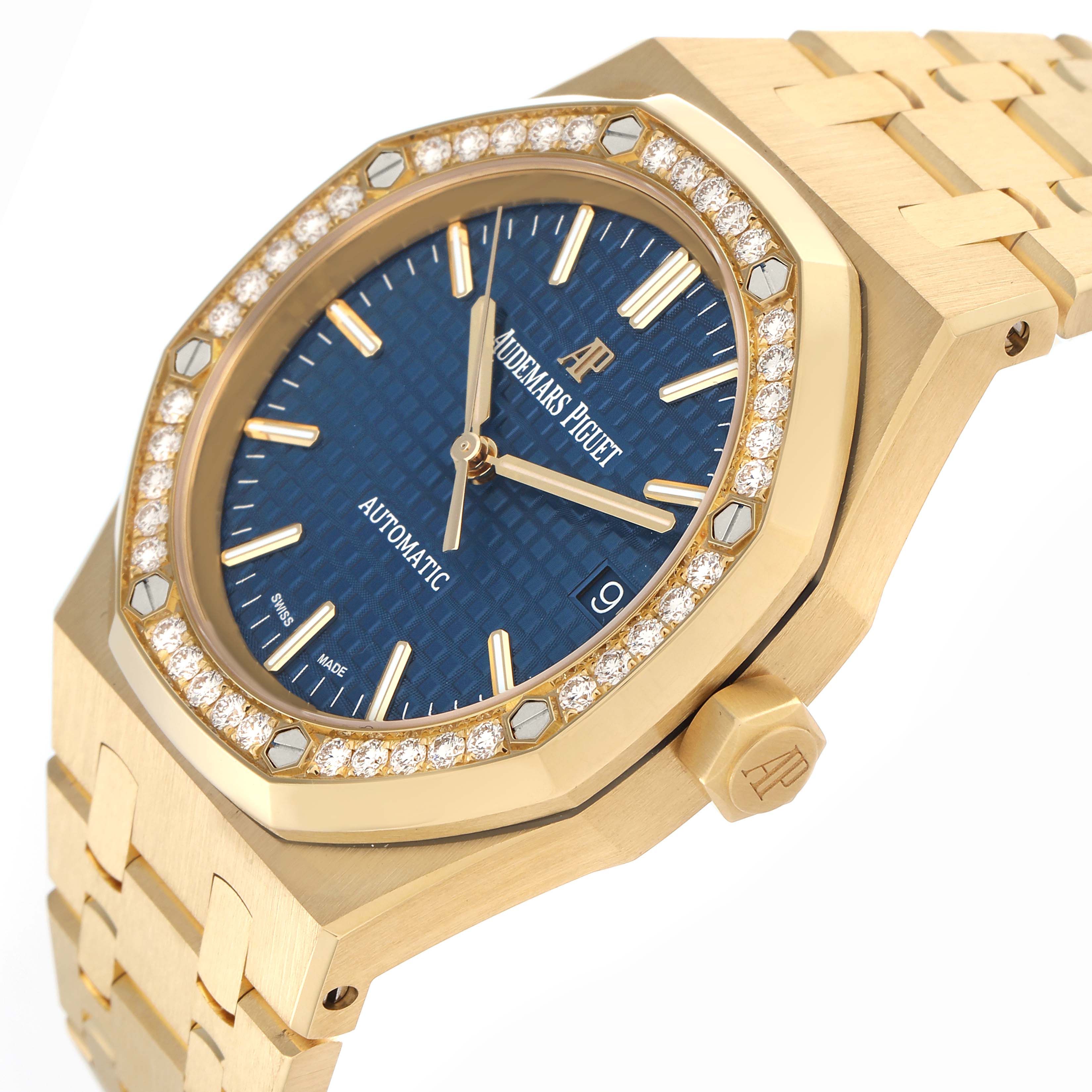 The Audemars Piguet Royal Oak 15451BA.ZZ.1256BA.01 Men's Yellow Gold Blue Dial 15451BA.ZZ.1256BA.01 Men's Yellow Gold Blue Dial is shown at an angle highlighting its gold case, blue dial, diamond-set bezel, and part of the bracelet.