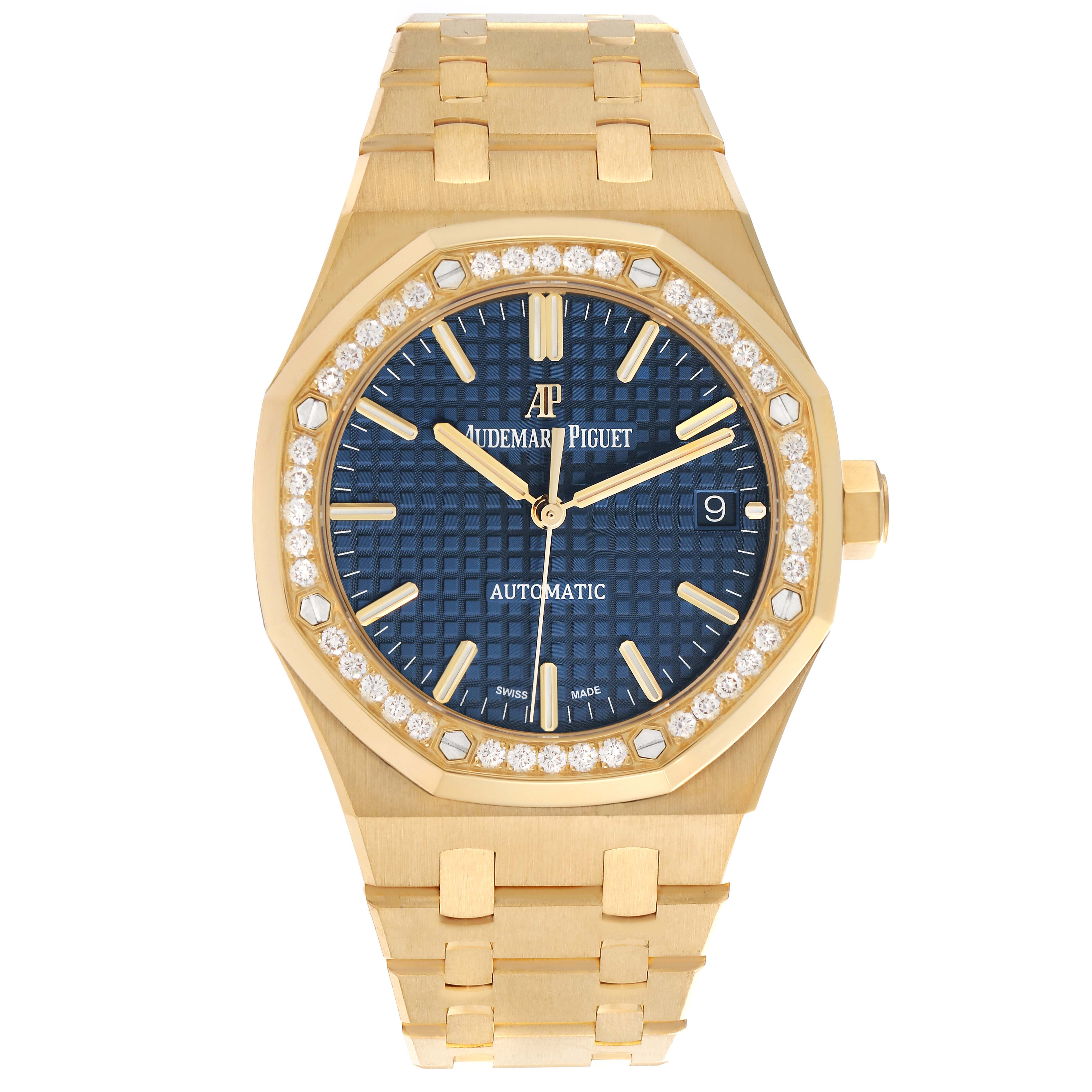 The Audemars Piguet Royal Oak 15451BA.ZZ.1256BA.01 Men's Yellow Gold Blue Dial 15451BA.ZZ.1256BA.01 Men's Yellow Gold Blue Dial watch is displayed from the front, showing the dial, bezel, and bracelet.