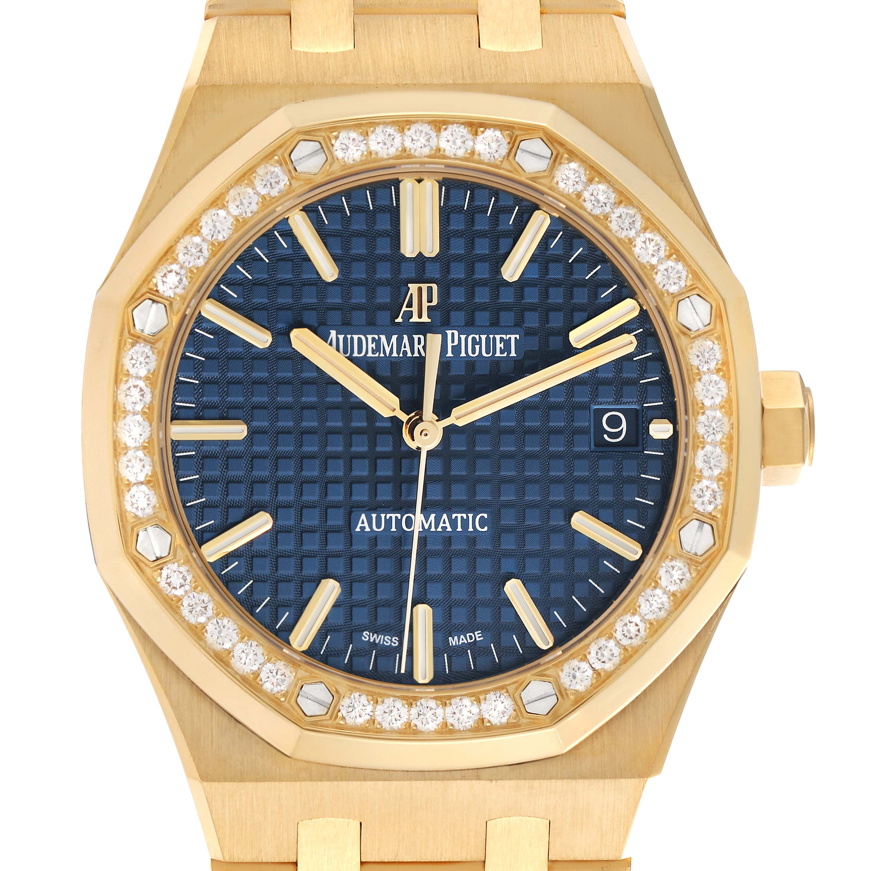 The image shows a front view of the Audemars Piguet Royal Oak 15451BA.ZZ.1256BA.01 Men's Yellow Gold Blue Dial 15451BA.ZZ.1256BA.01 Men's Yellow Gold Blue Dial watch, highlighting its dial, bezel, and bracelet.