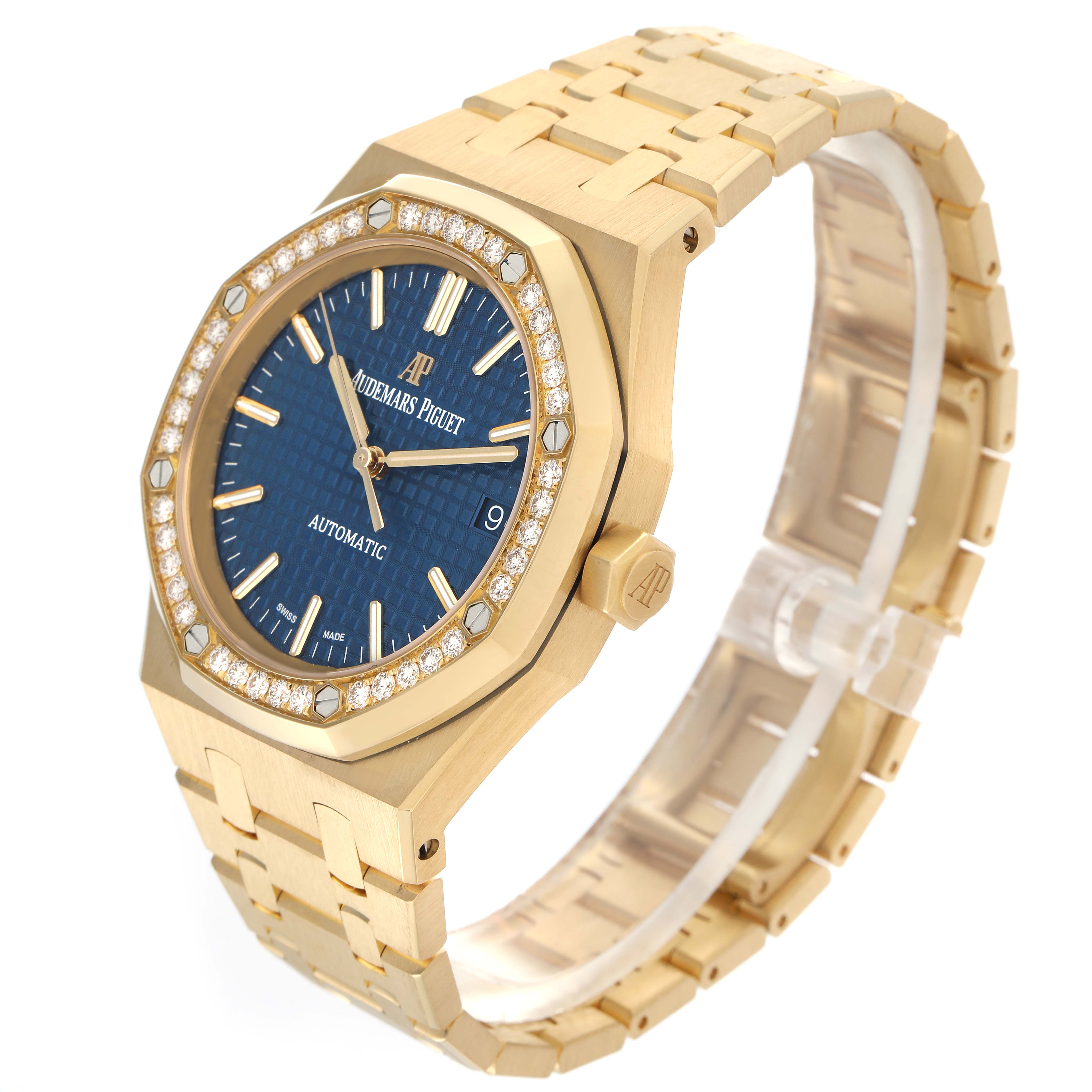 The Audemars Piguet Royal Oak 15451BA.ZZ.1256BA.01 Men's Yellow Gold Blue Dial 15451BA.ZZ.1256BA.01 Men's Yellow Gold Blue Dial is shown at a three-quarter angle, highlighting the blue dial, diamond bezel, and bracelet.