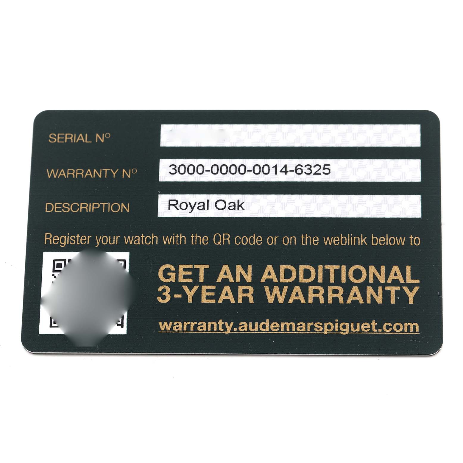 The image shows a warranty card for the Audemars Piguet Royal Oak 15451BA.ZZ.1256BA.01 Men's Yellow Gold Blue Dial 15451BA.ZZ.1256BA.01 Men's Yellow Gold Blue Dial watch, displaying the warranty number and description details.