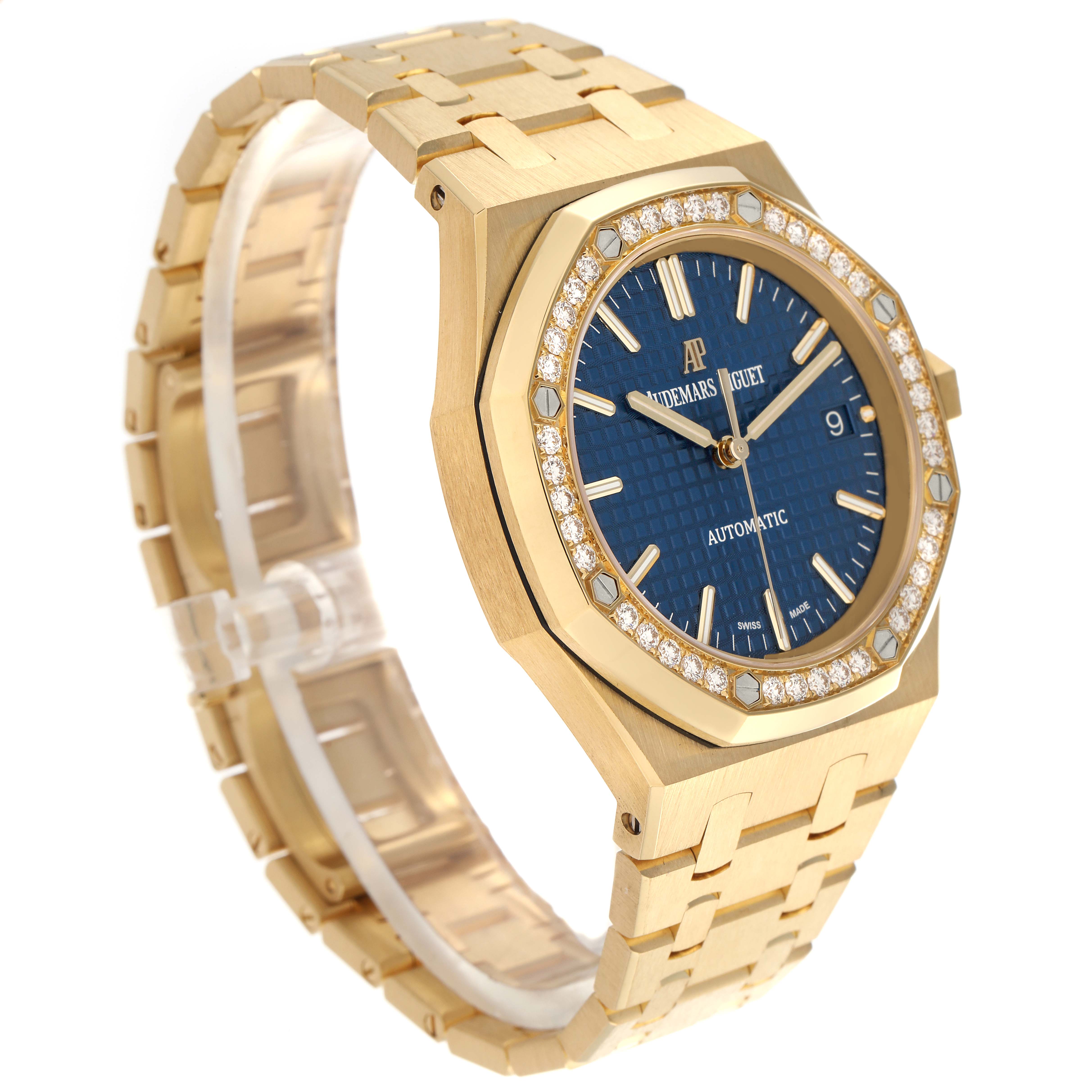 The Audemars Piguet Royal Oak 15451BA.ZZ.1256BA.01 Men's Yellow Gold Blue Dial 15451BA.ZZ.1256BA.01 Men's Yellow Gold Blue Dial watch is shown at a slight angle, displaying the face, bezel, and part of the bracelet.