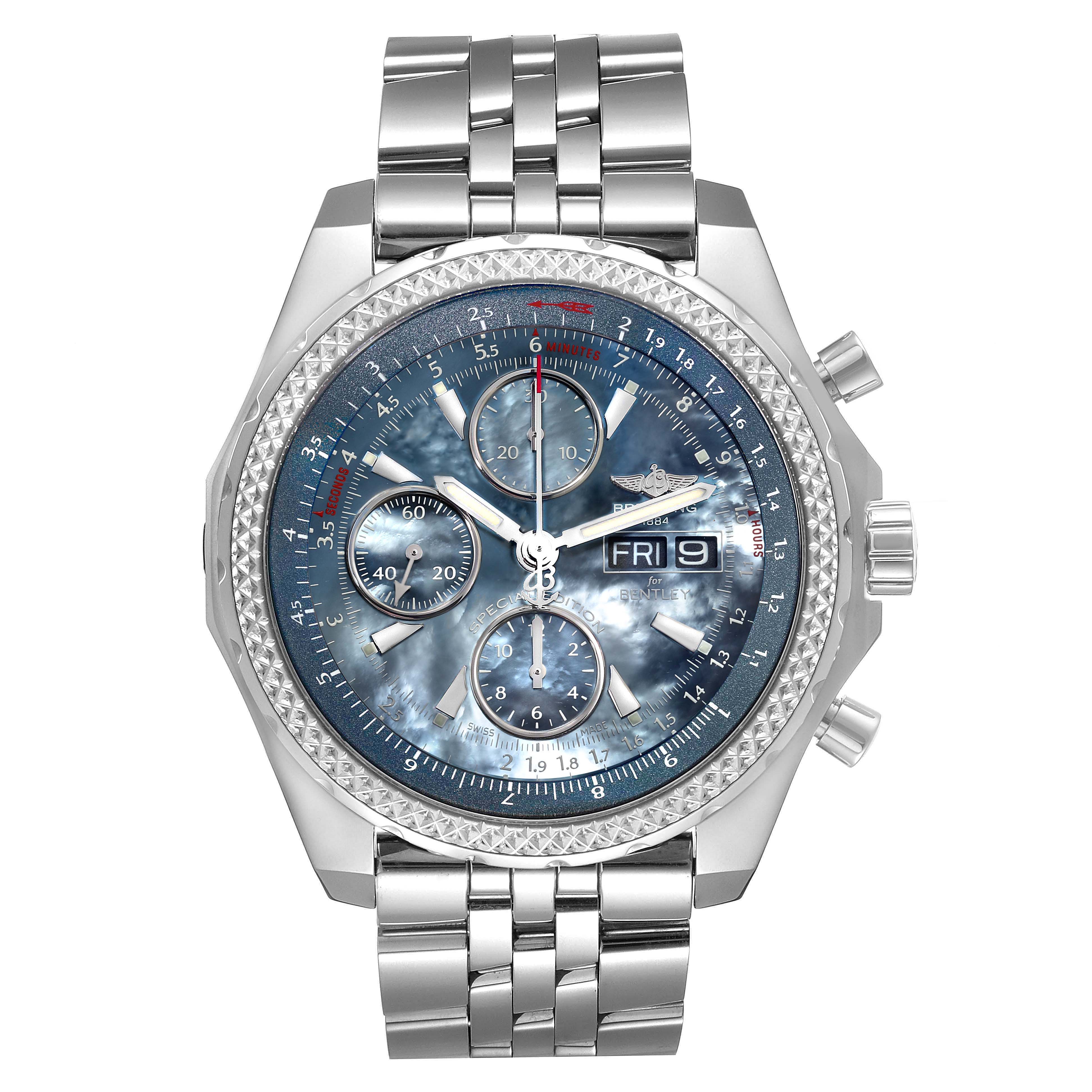 The image shows a front view of a Bentley model watch by Breitling, showcasing its dial, subdials, and metal bracelet.