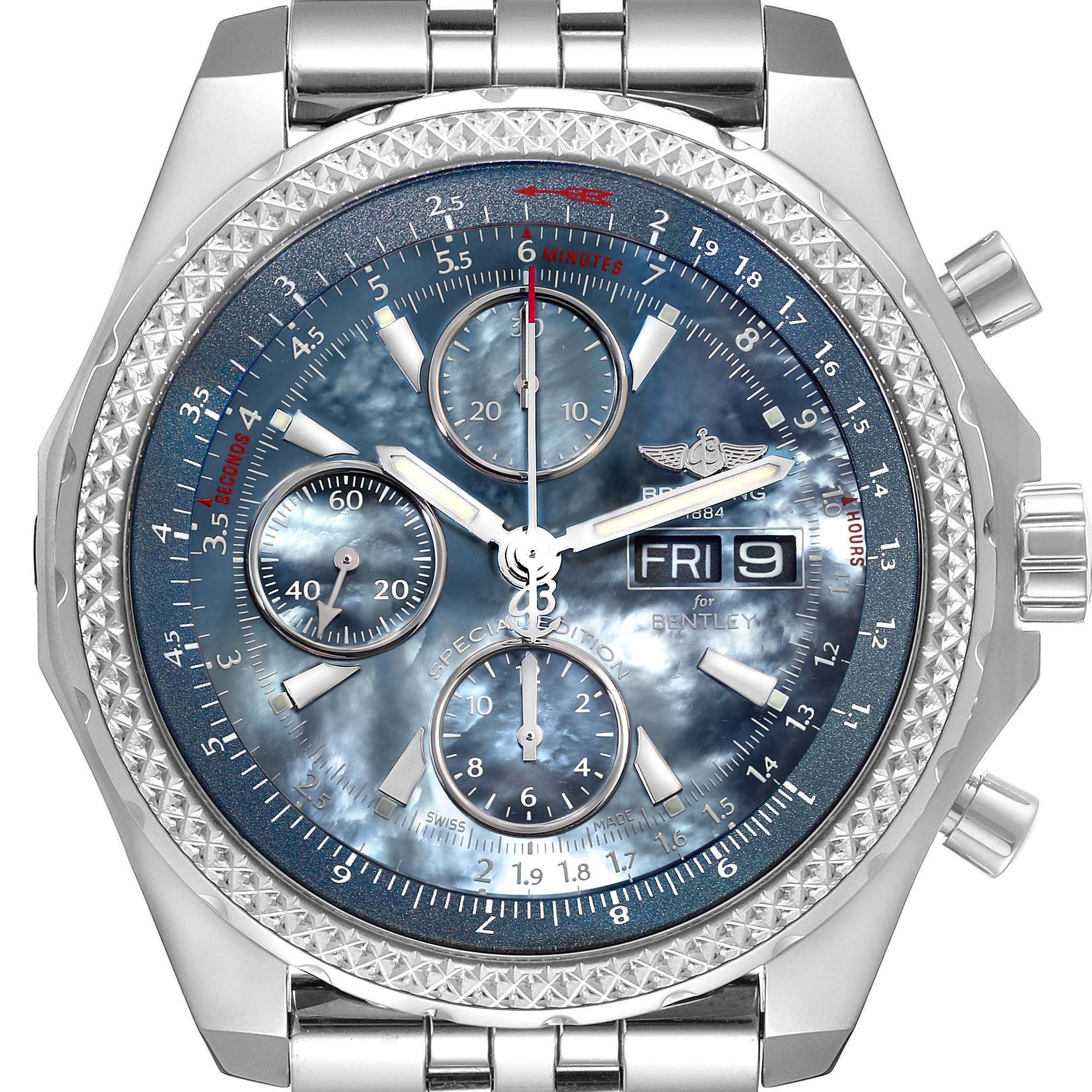 The Breitling Bentley A13362 Men's Stainless Steel Mother of Pearl Dial A13362 Men's Stainless Steel Mother of Pearl Dial watch is shown from a top-down angle, displaying its face, bezel, and part of the bracelet.