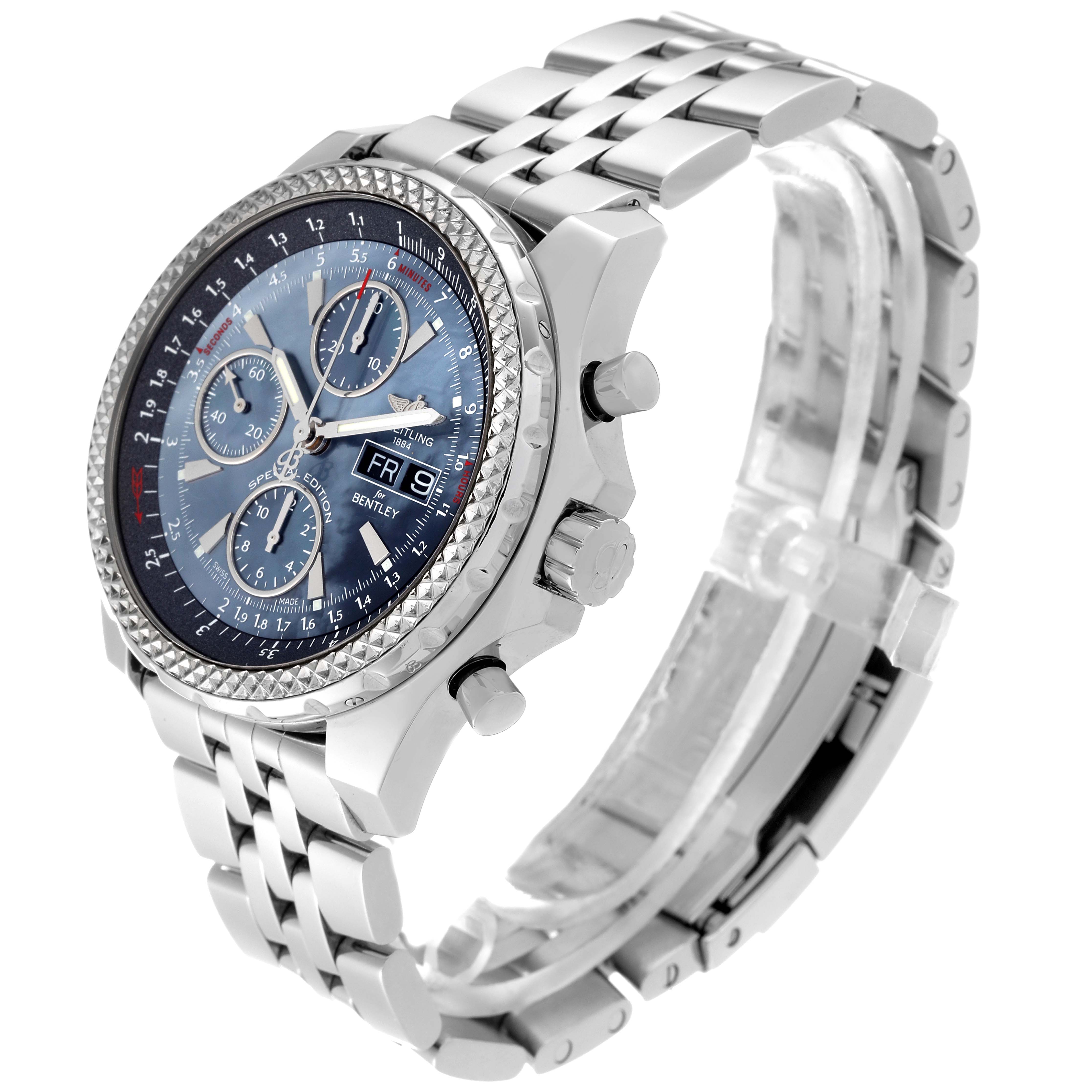 The Bentley model by Breitling is shown from a front-angle, displaying the face, pushers, crown, and metal bracelet.