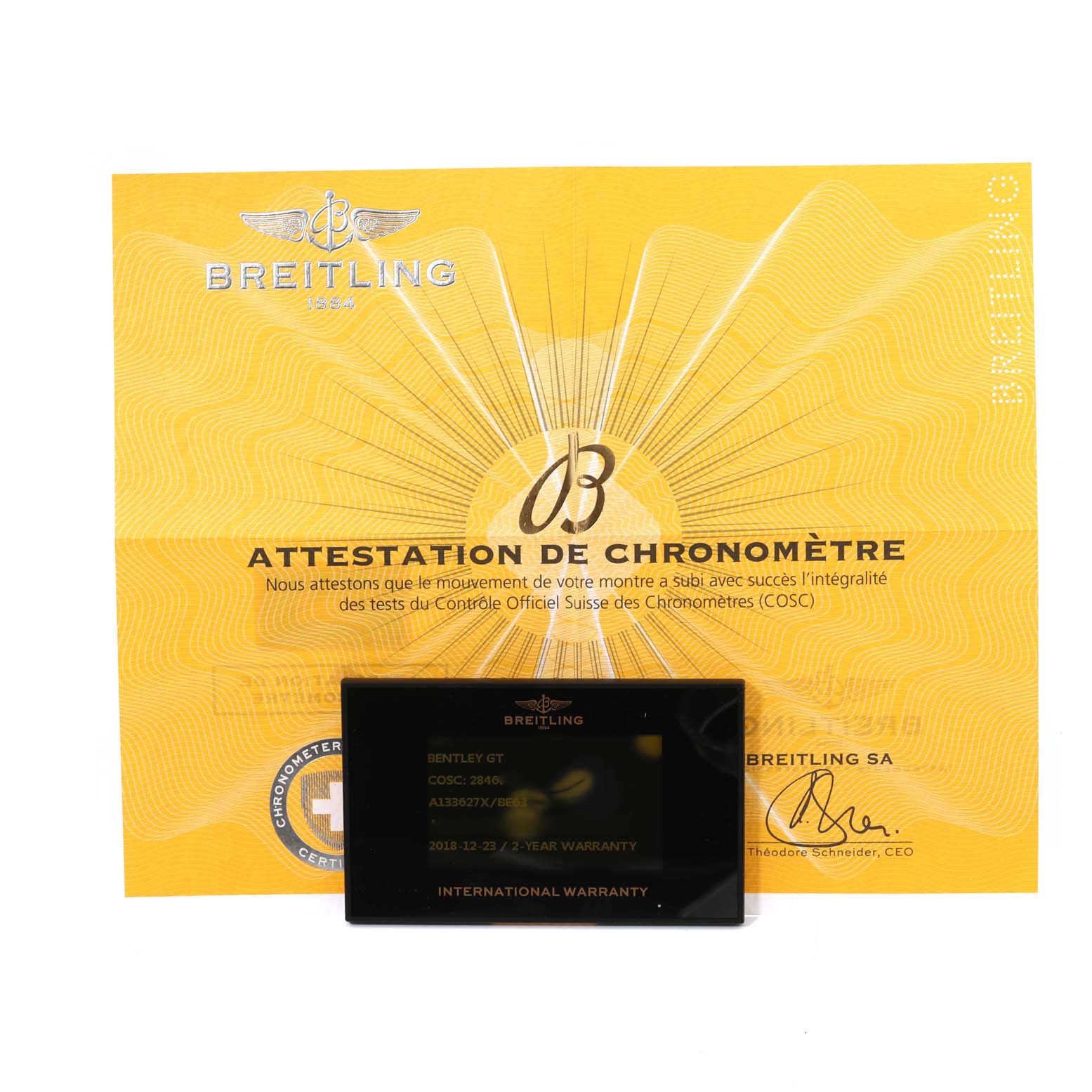 The image shows an official warranty card and chronometer certificate for the Breitling Bentley A13362 Men's Stainless Steel Mother of Pearl Dial A13362 Men's Stainless Steel Mother of Pearl Dial model.