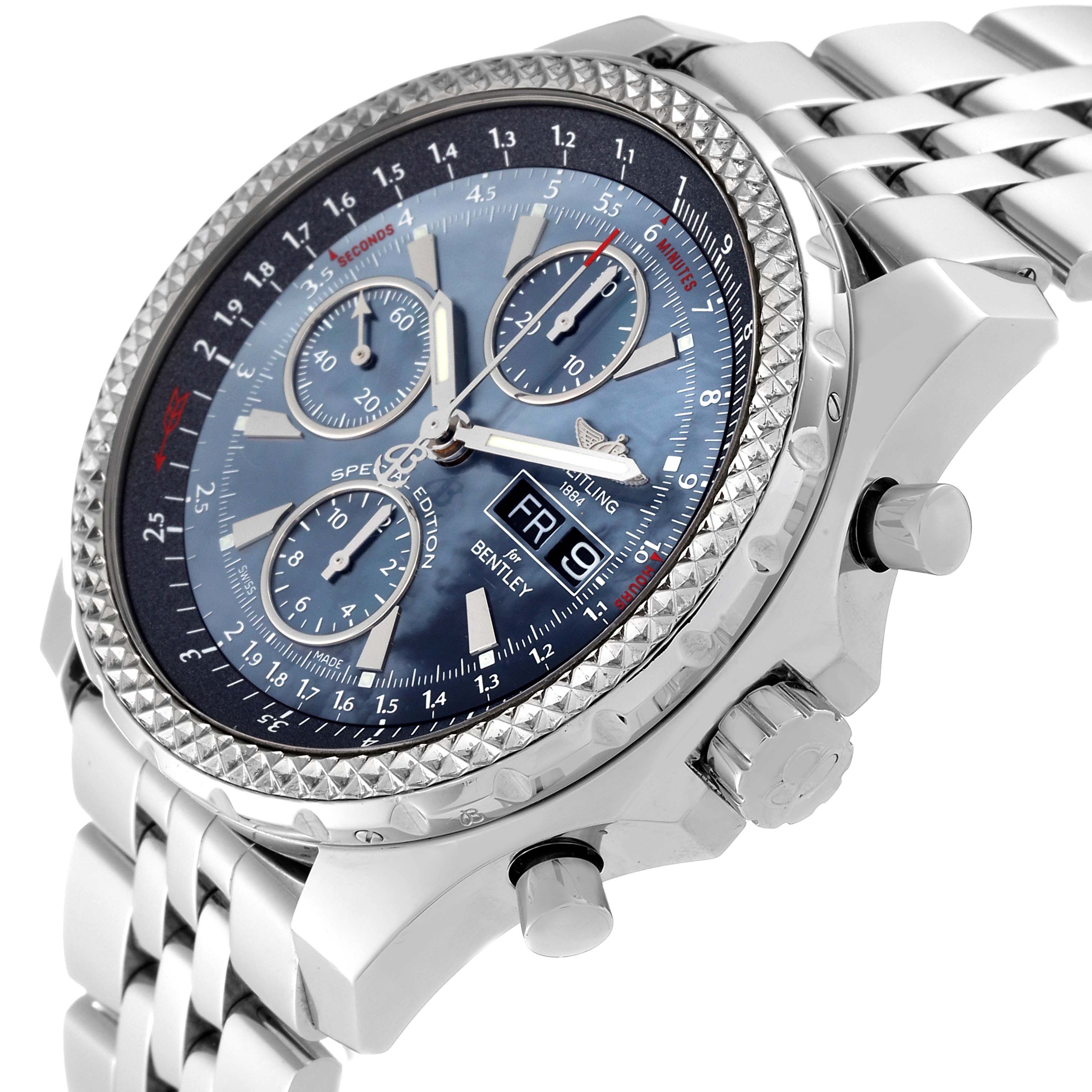 The image shows a side view of a Breitling Bentley A13362 Men's Stainless Steel Mother of Pearl Dial A13362 Men's Stainless Steel Mother of Pearl Dial model watch, highlighting its face, bezel, and case with its metal bracelet.