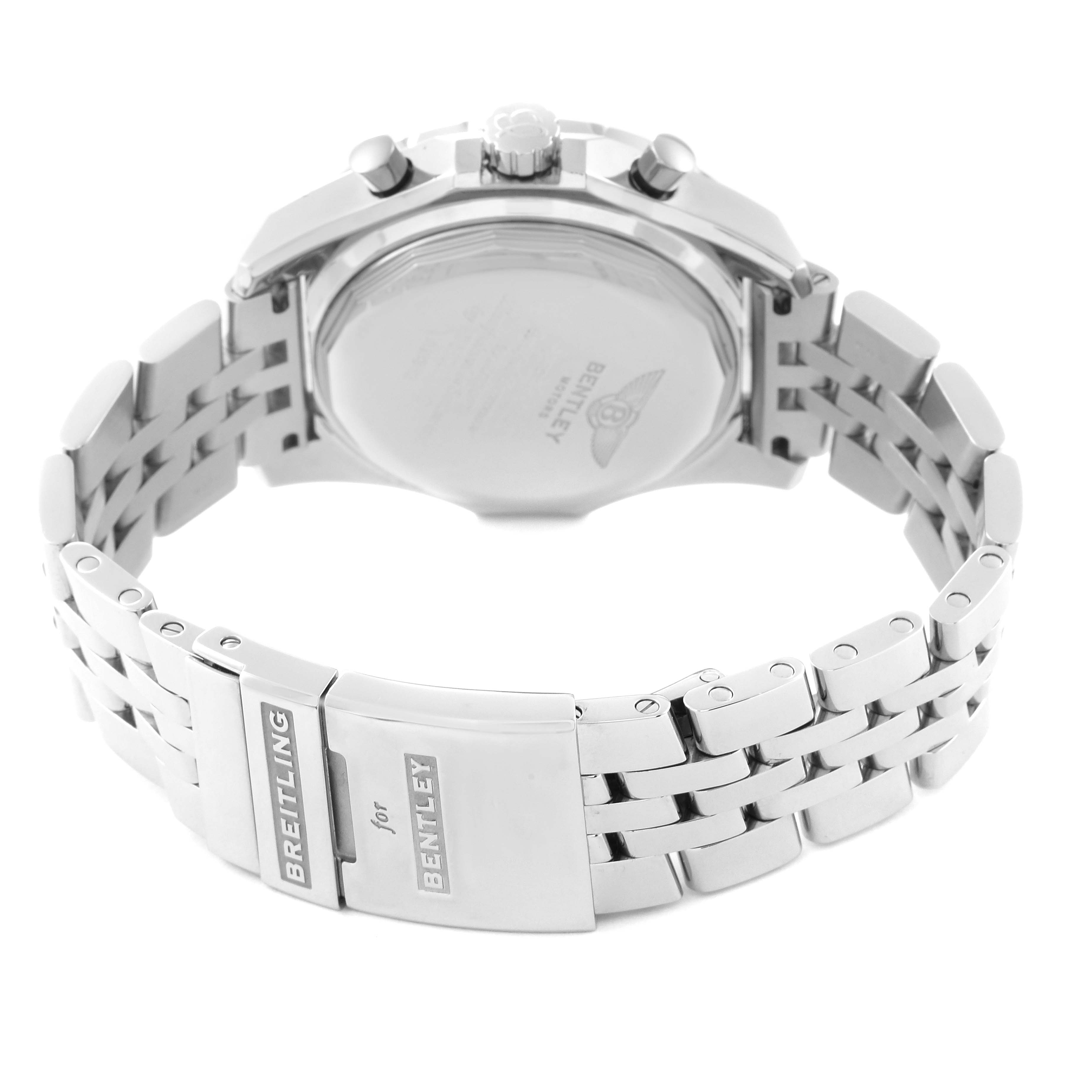 This image shows the rear angle of a Breitling Bentley A13362 Men's Stainless Steel Mother of Pearl Dial A13362 Men's Stainless Steel Mother of Pearl Dial watch, highlighting the case back and metal bracelet clasp.