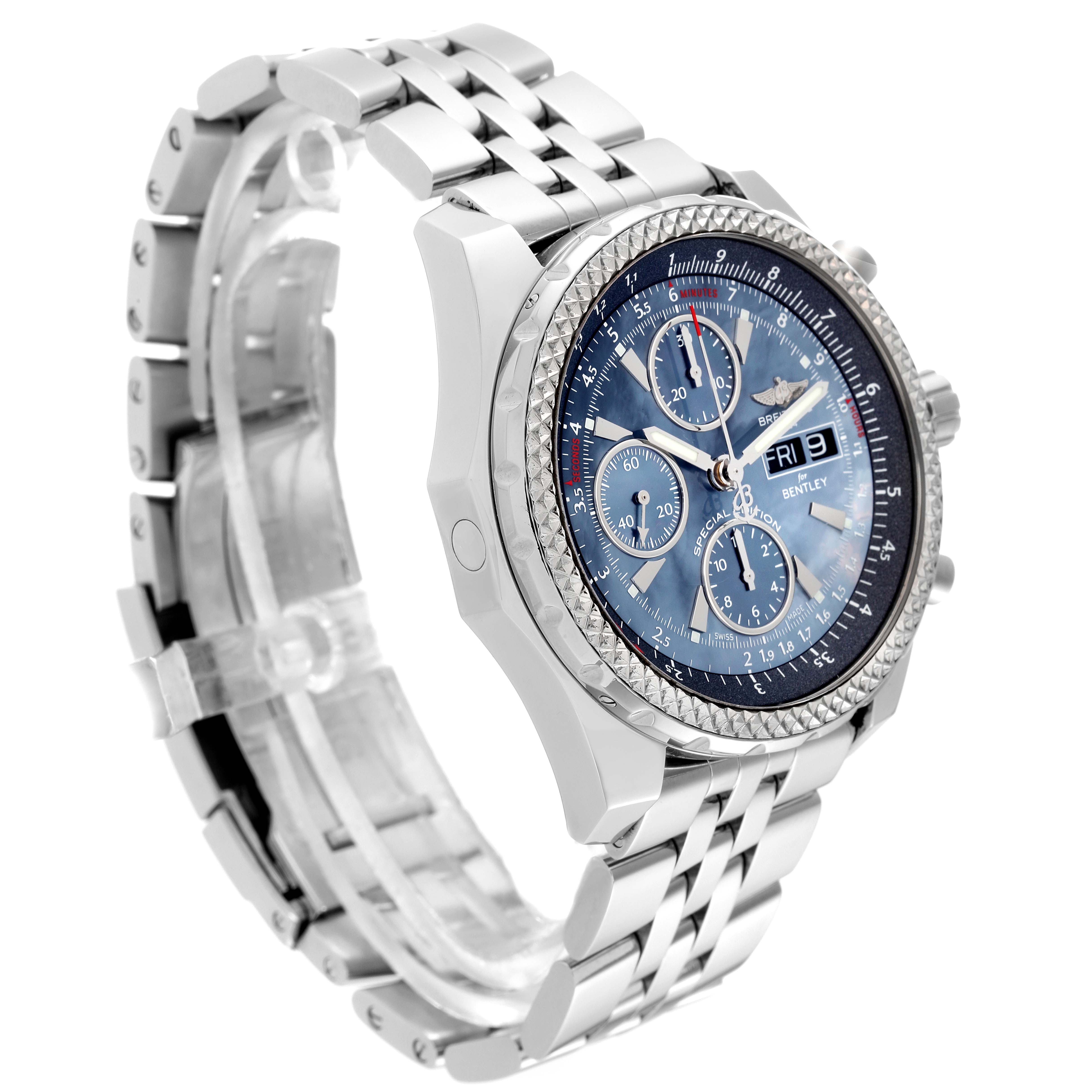 This image shows a Breitling Bentley A13362 Men's Stainless Steel Mother of Pearl Dial A13362 Men's Stainless Steel Mother of Pearl Dial watch angled from the left, displaying the bezel, dial, chronograph sub-dials, and metal bracelet.