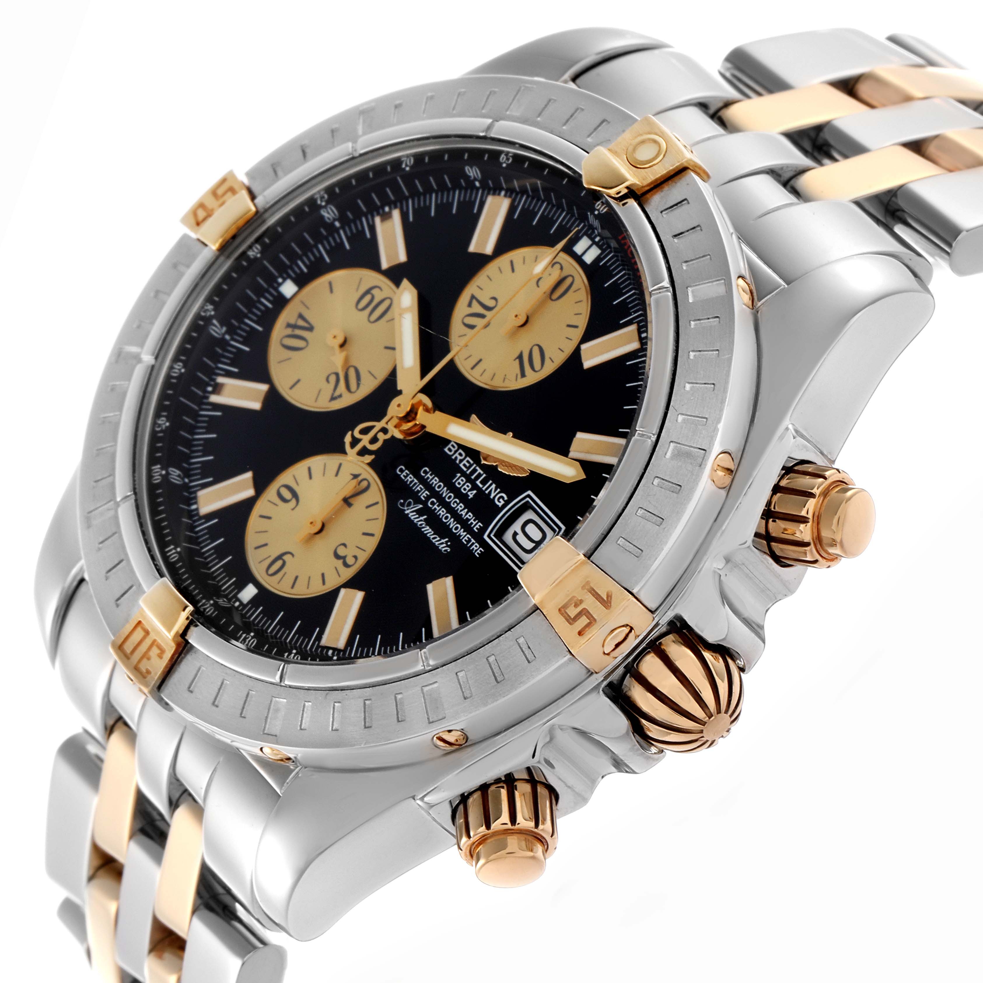 The Breitling Chronomat B13356 Men's Steel and Gold (two tone) Black Dial B13356 Men's Steel and Gold (two tone) Black Dial watch is shown at a three-quarter angle, highlighting the bezel, face, subdials, date window, and buttons.