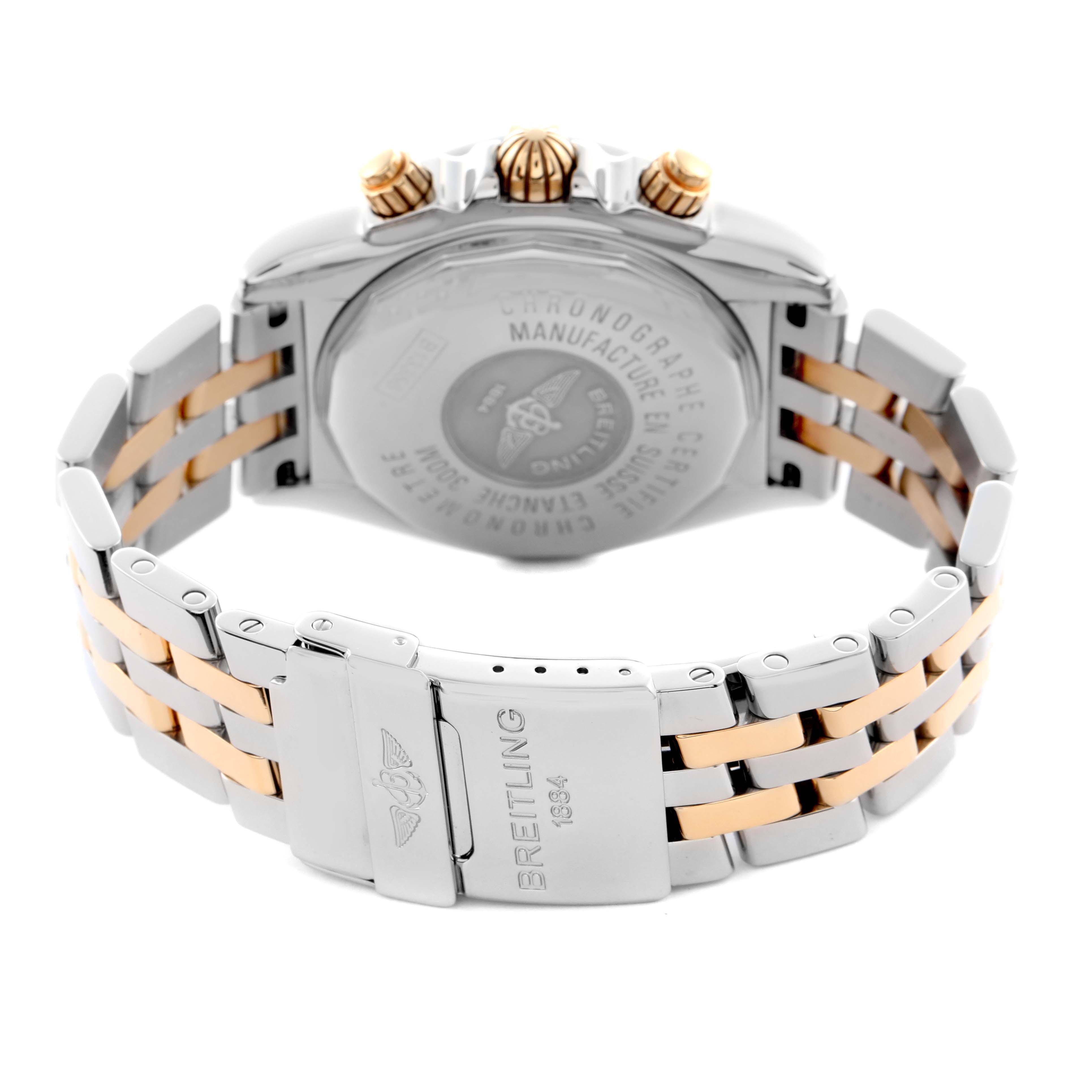 The image shows the back case and band of a Breitling Chronomat B13356 Men's Steel and Gold (two tone) Black Dial B13356 Men's Steel and Gold (two tone) Black Dial watch, highlighting the two-tone bracelet and clasp.