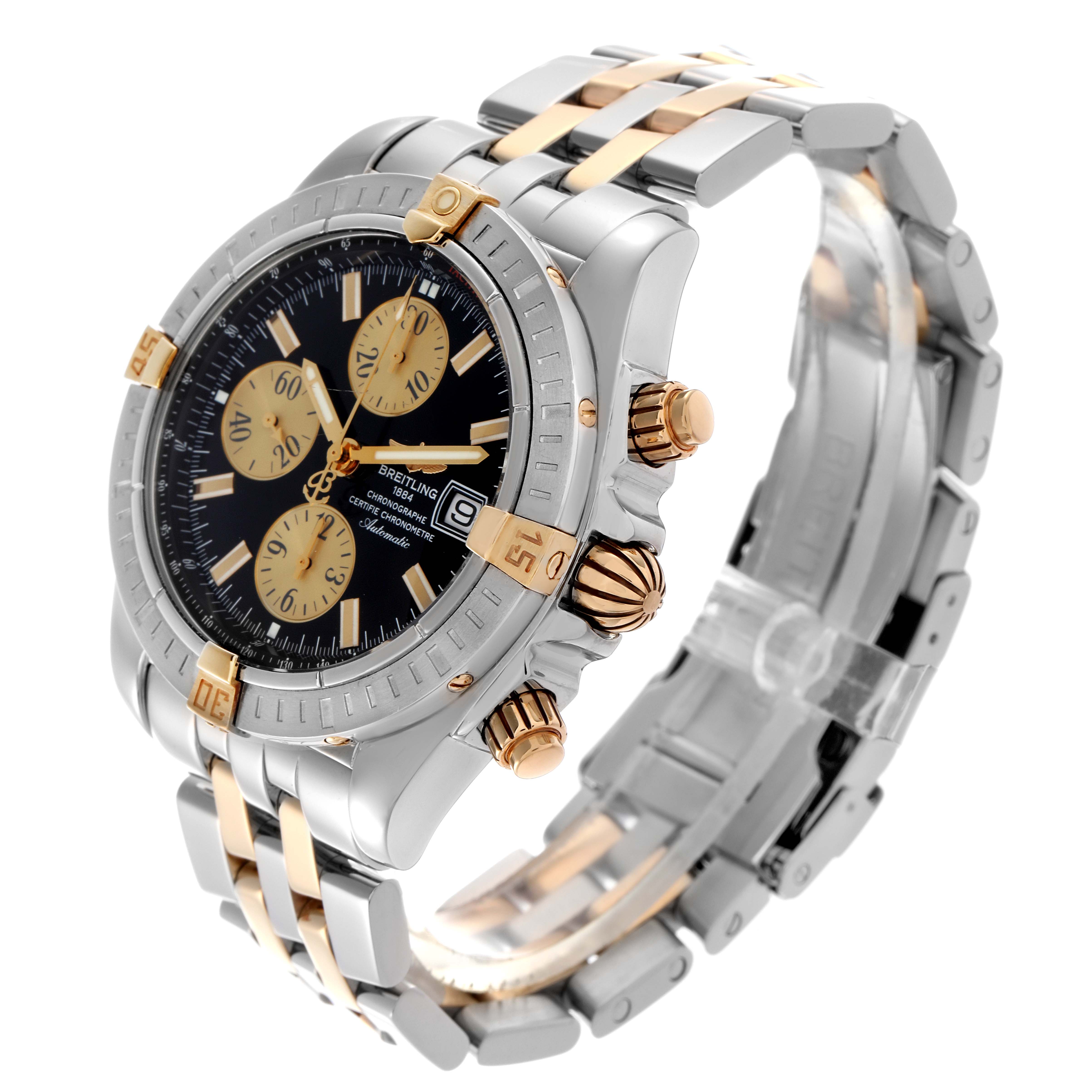 The Breitling Chronomat B13356 Men's Steel and Gold (two tone) Black Dial B13356 Men's Steel and Gold (two tone) Black Dial watch is shown at a three-quarter angle, highlighting the face, bezel, crown, and bracelet.