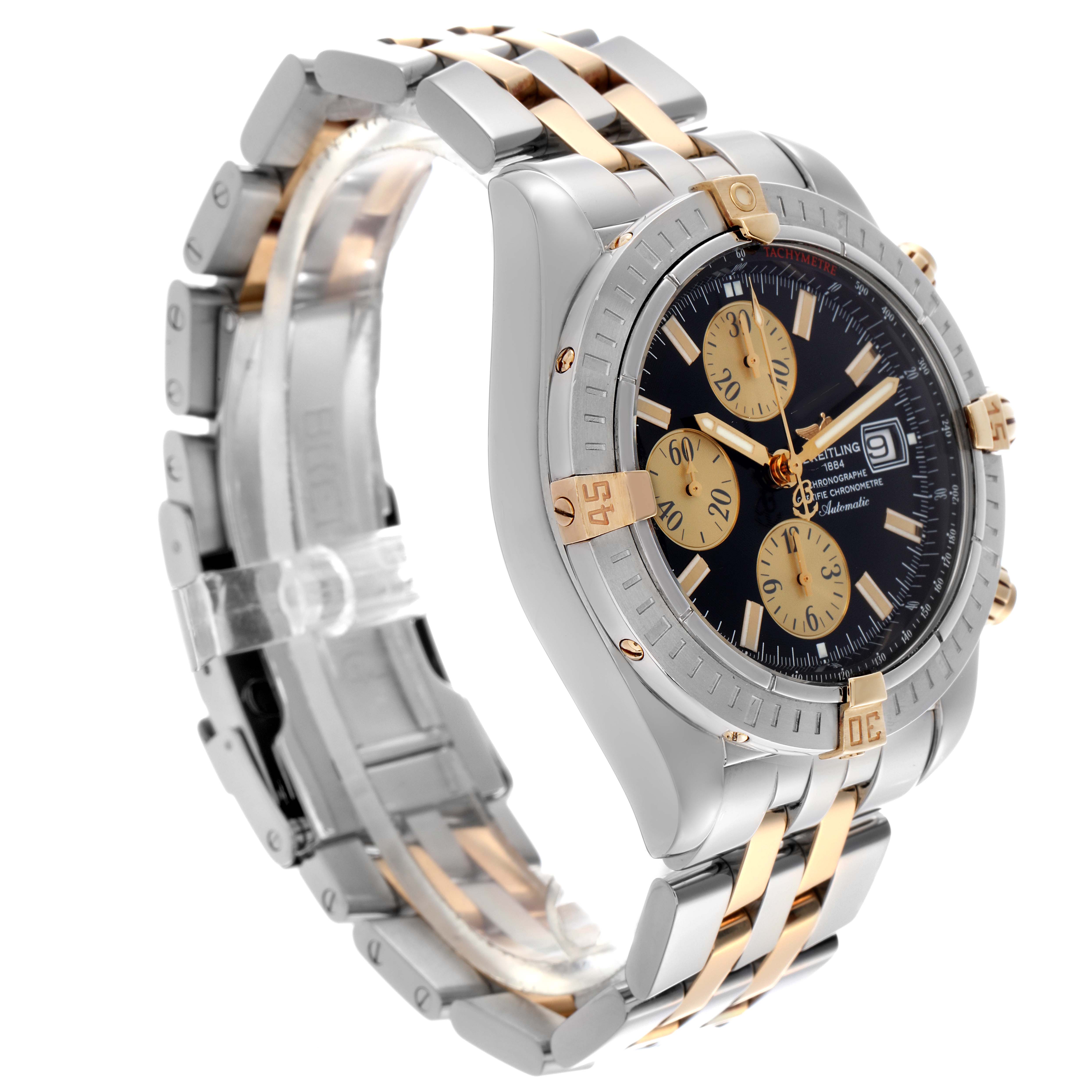 The Breitling Chronomat B13356 Men's Steel and Gold (two tone) Black Dial B13356 Men's Steel and Gold (two tone) Black Dial watch is shown at a three-quarter angle, highlighting the dial, bezel, and two-tone bracelet.