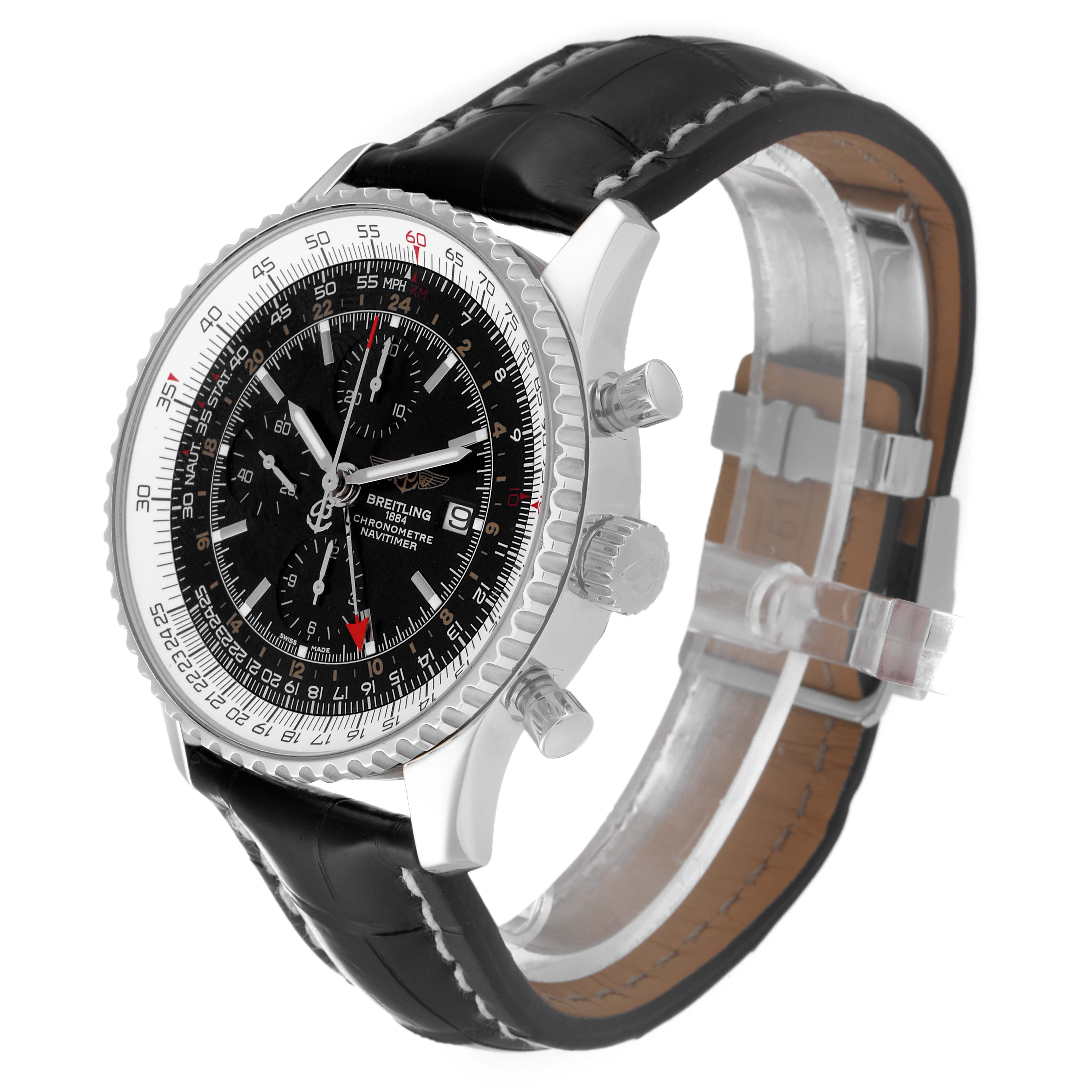 The image shows a Breitling Navitimer A24322 Men's Stainless Steel Black Dial A24322 Men's Stainless Steel Black Dial watch at an angled side view, showcasing the black dial, bezel, and leather strap.