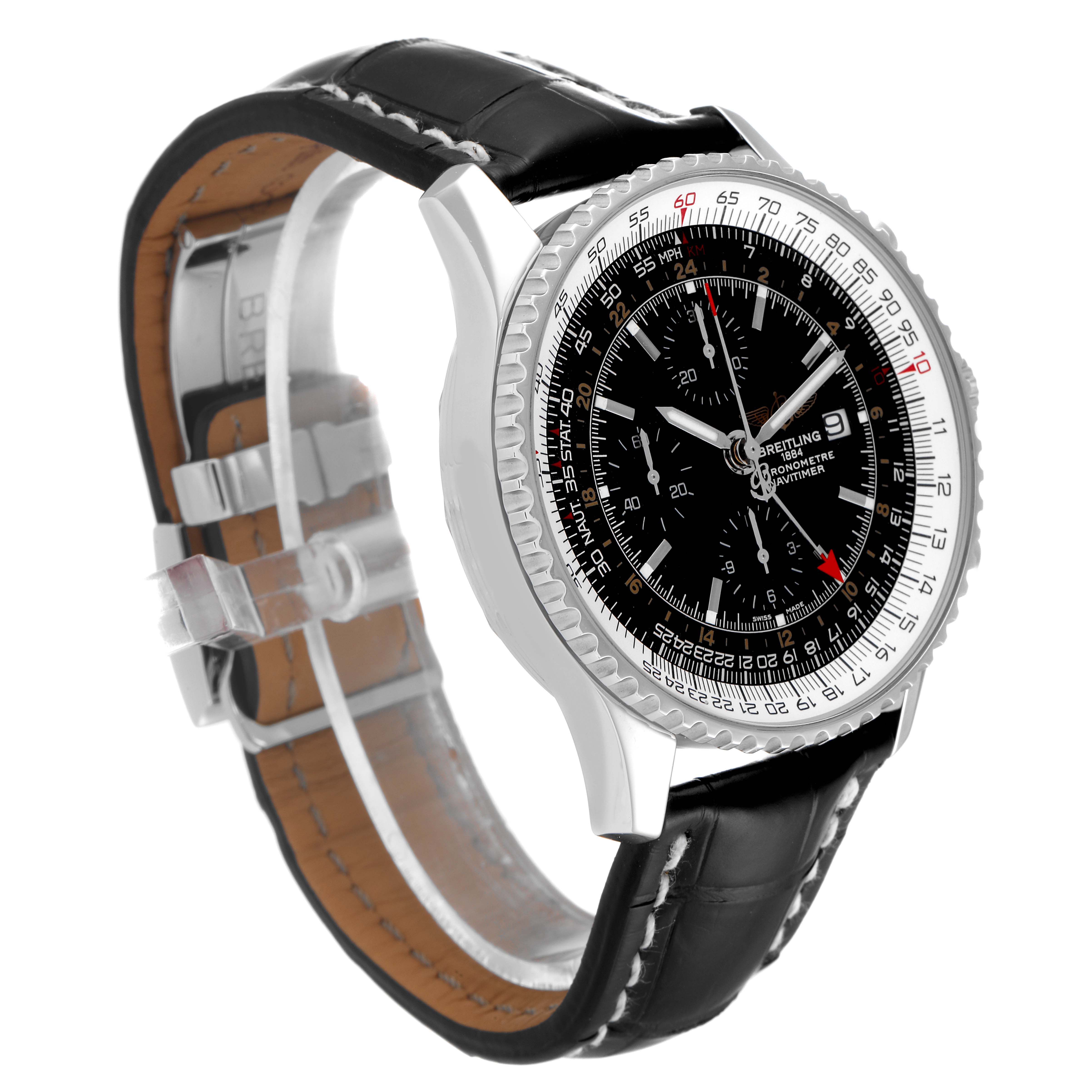 The image shows a Breitling Navitimer A24322 Men's Stainless Steel Black Dial A24322 Men's Stainless Steel Black Dial watch at a three-quarter angle, highlighting its black dial, bezel, and leather strap with a buckle.