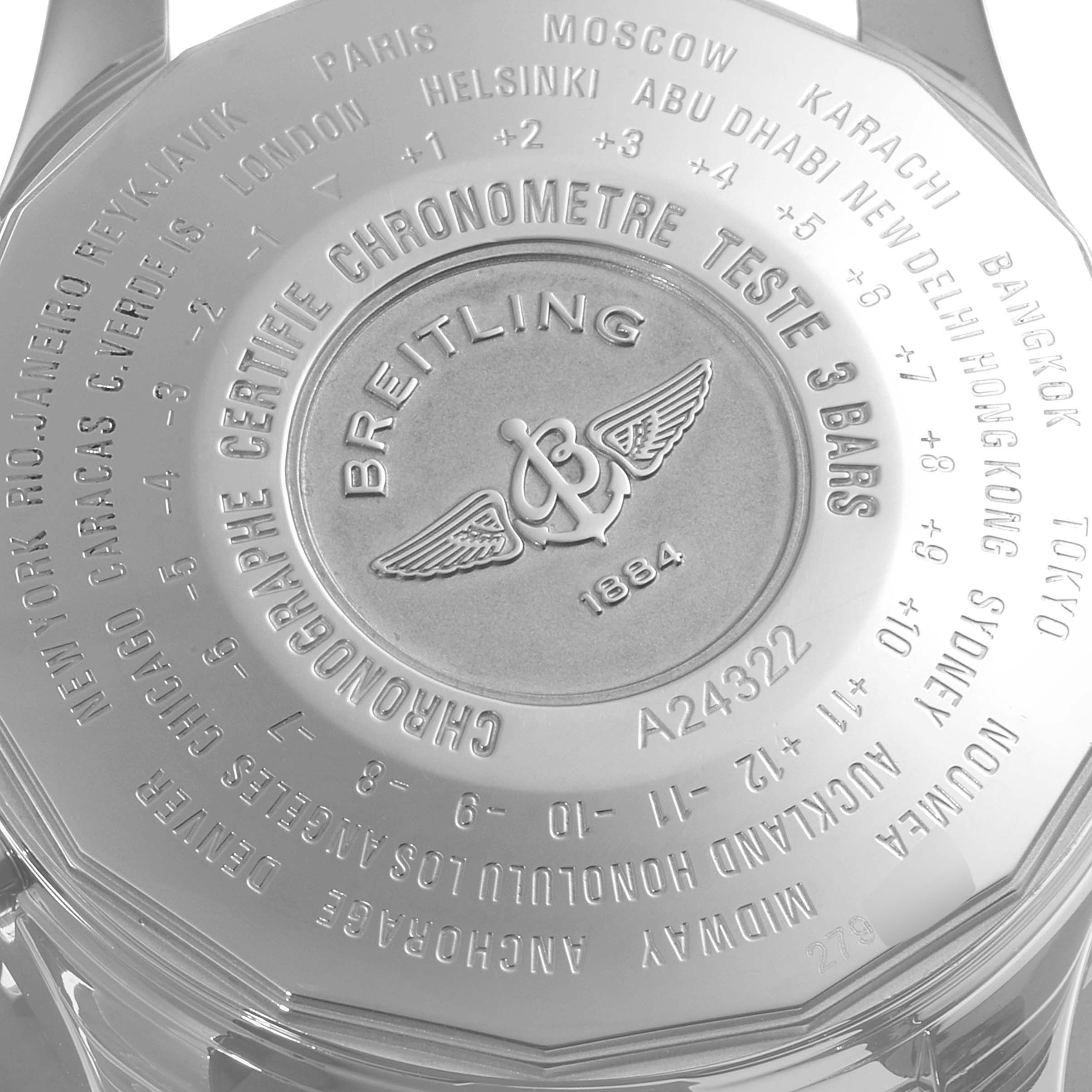 The image shows the case back of a Breitling Navitimer A24322 Men's Stainless Steel Black Dial A24322 Men's Stainless Steel Black Dial watch, engraved with various world cities and the Breitling logo.