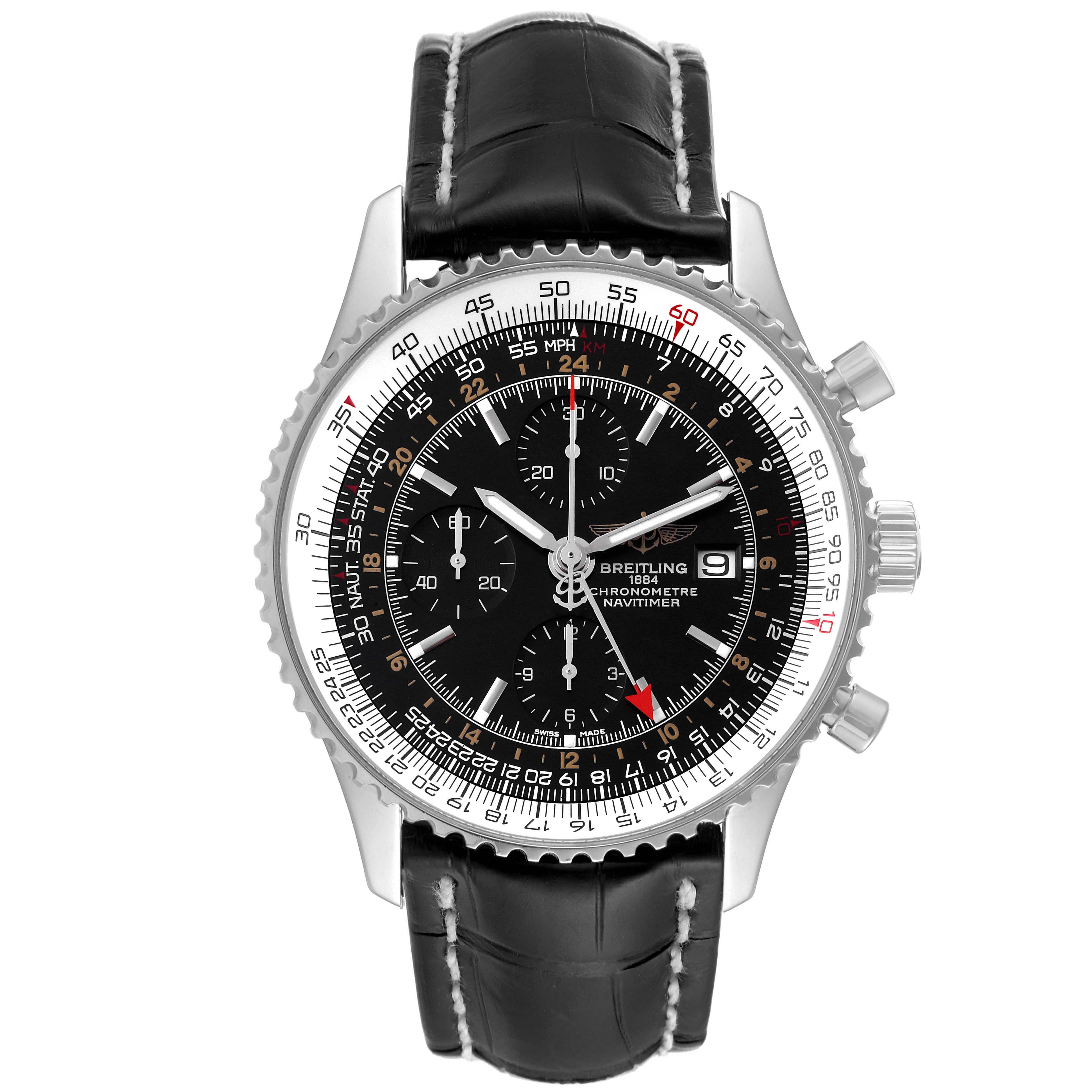 The image showcases the front view of a Breitling Navitimer A24322 Men's Stainless Steel Black Dial A24322 Men's Stainless Steel Black Dial watch, highlighting the dial, bezel, and leather strap.