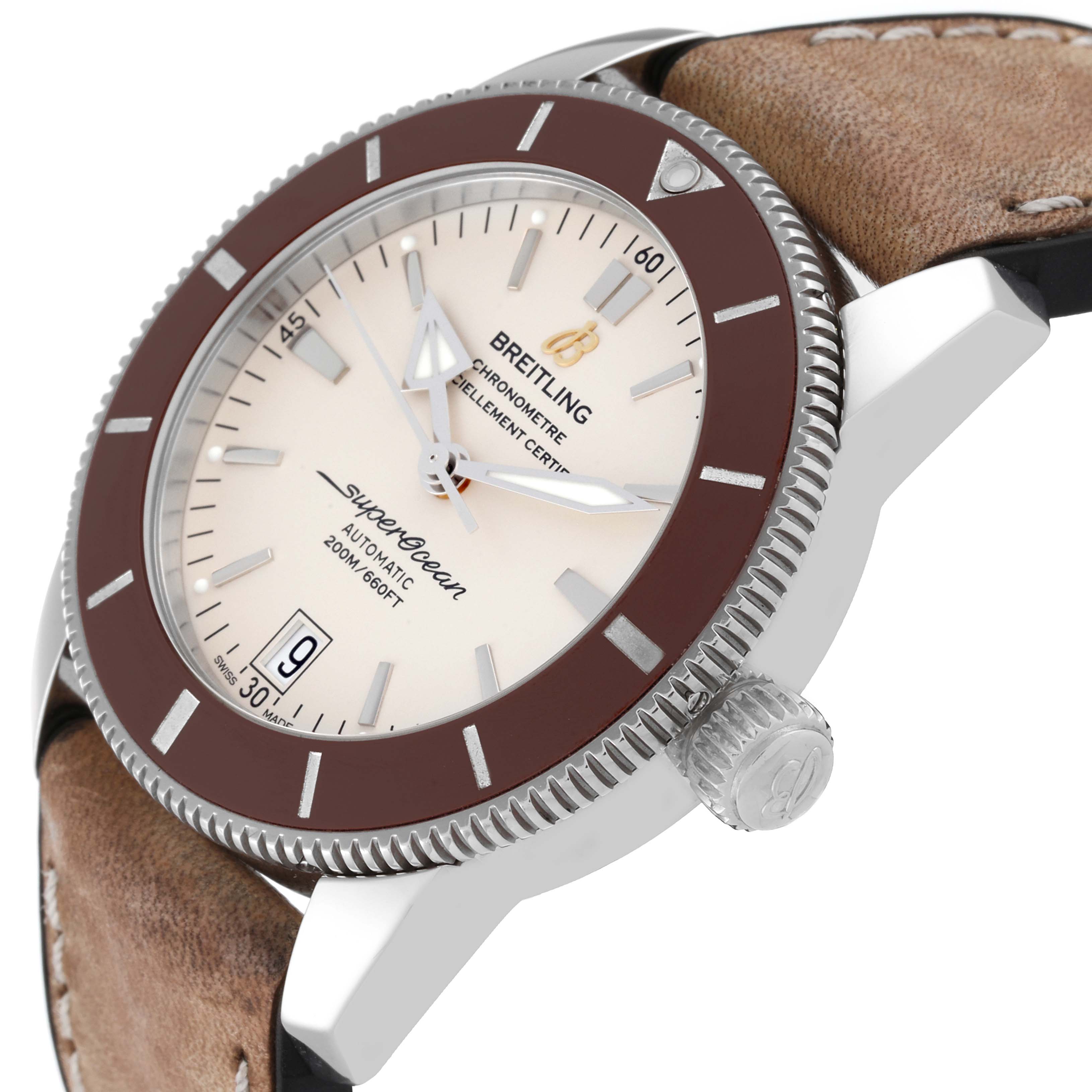 The image shows a side and angled view of the Breitling Superocean AB2010 Men's Stainless Steel Beige Dial AB2010 Men's Stainless Steel Beige Dial watch, displaying the face, bezel, crown, and leather strap.