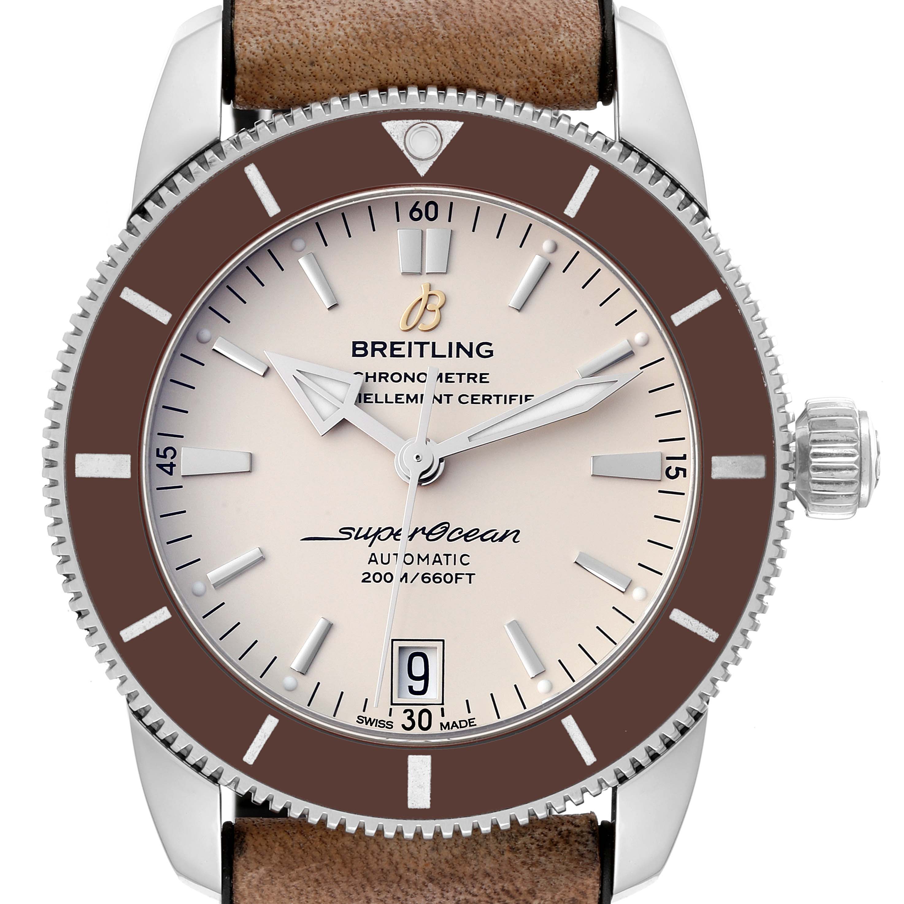 The Breitling Superocean AB2010 Men's Stainless Steel Beige Dial AB2010 Men's Stainless Steel Beige Dial watch is shown from the front, featuring the dial, bezel, crown, and leather strap.