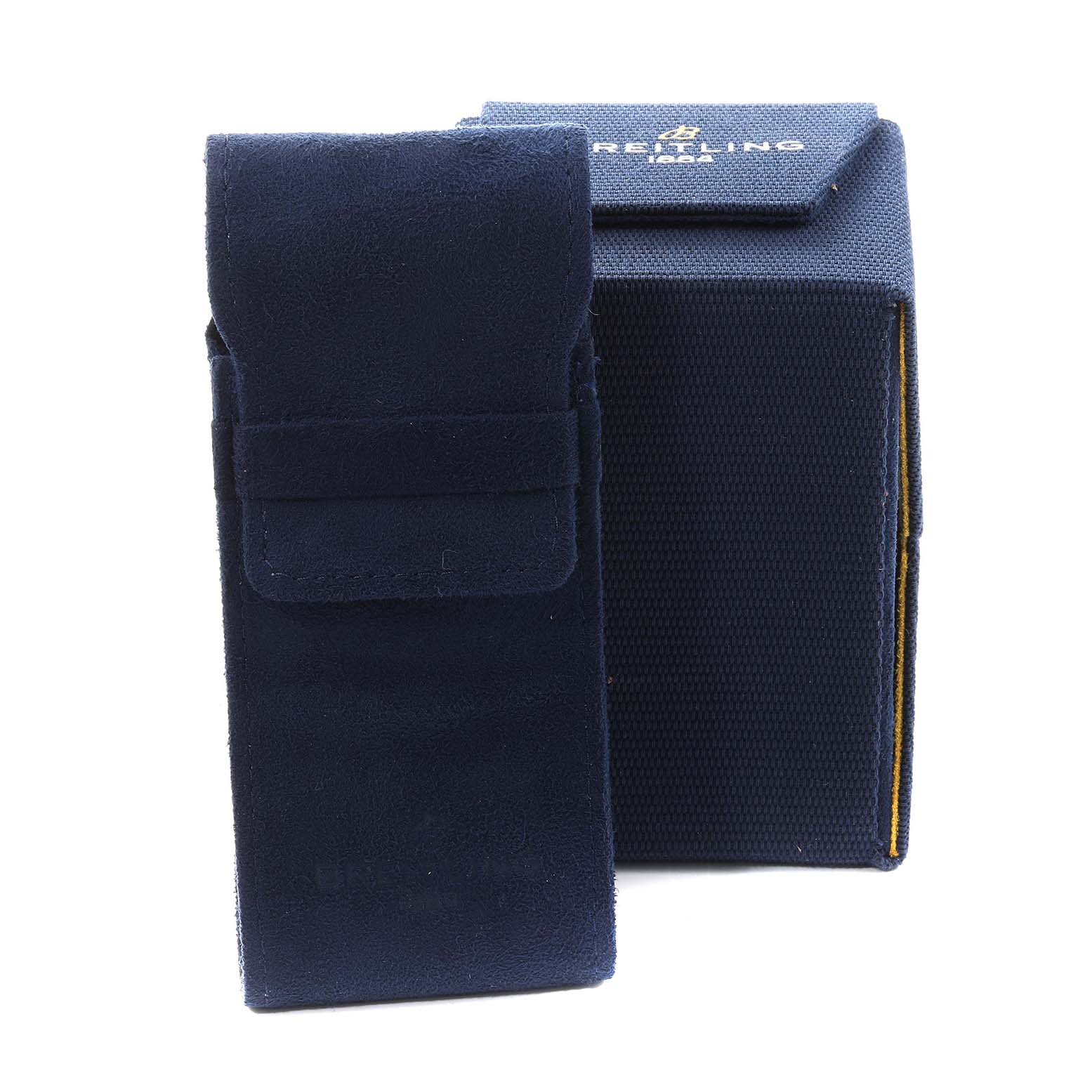 This image shows the carrying case and box for the Breitling Superocean AB2010 Men's Stainless Steel Beige Dial AB2010 Men's Stainless Steel Beige Dial watch, viewed from the front.