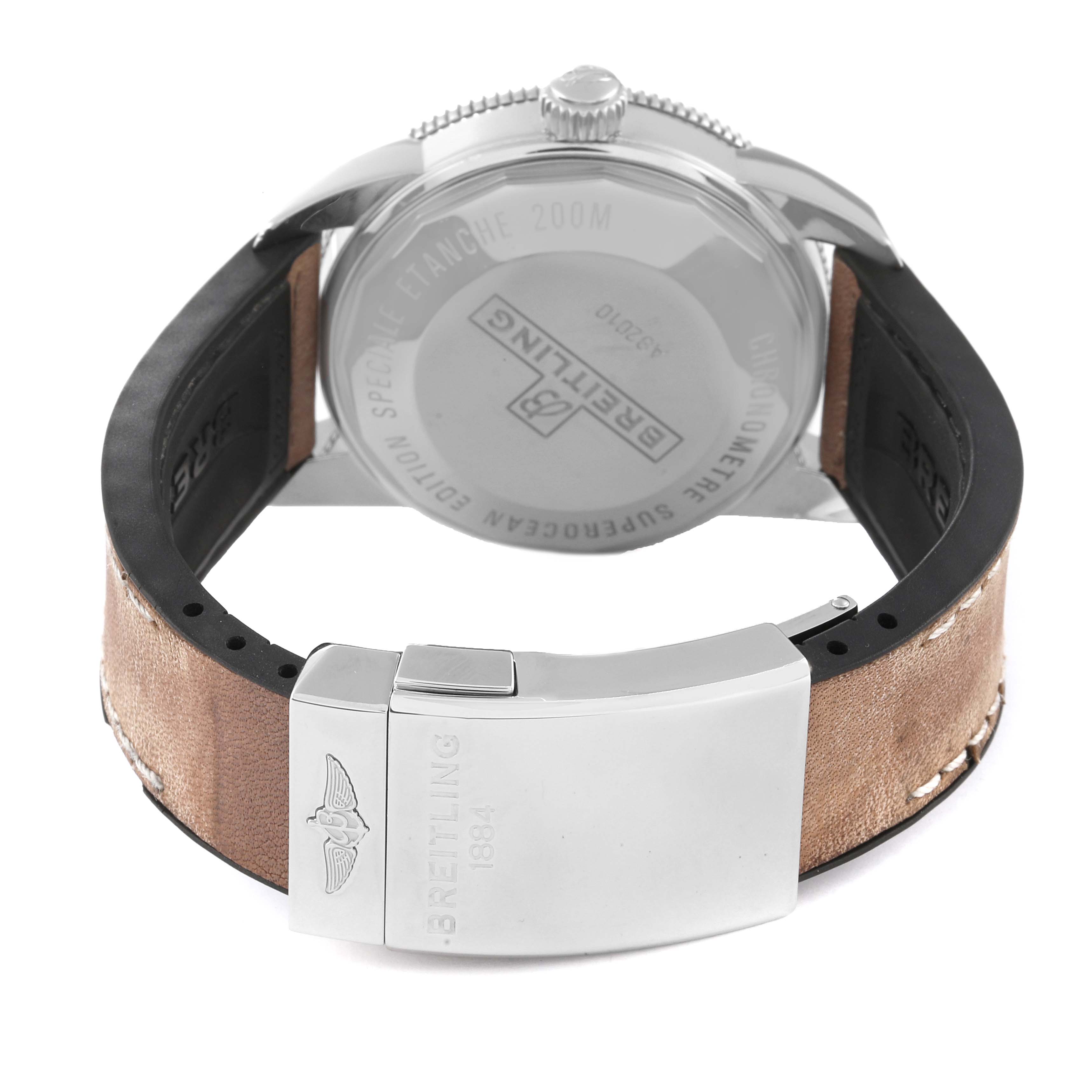 The image shows the back angle of the Breitling Superocean AB2010 Men's Stainless Steel Beige Dial AB2010 Men's Stainless Steel Beige Dial watch, focusing on the case back and metal clasp of the leather strap.
