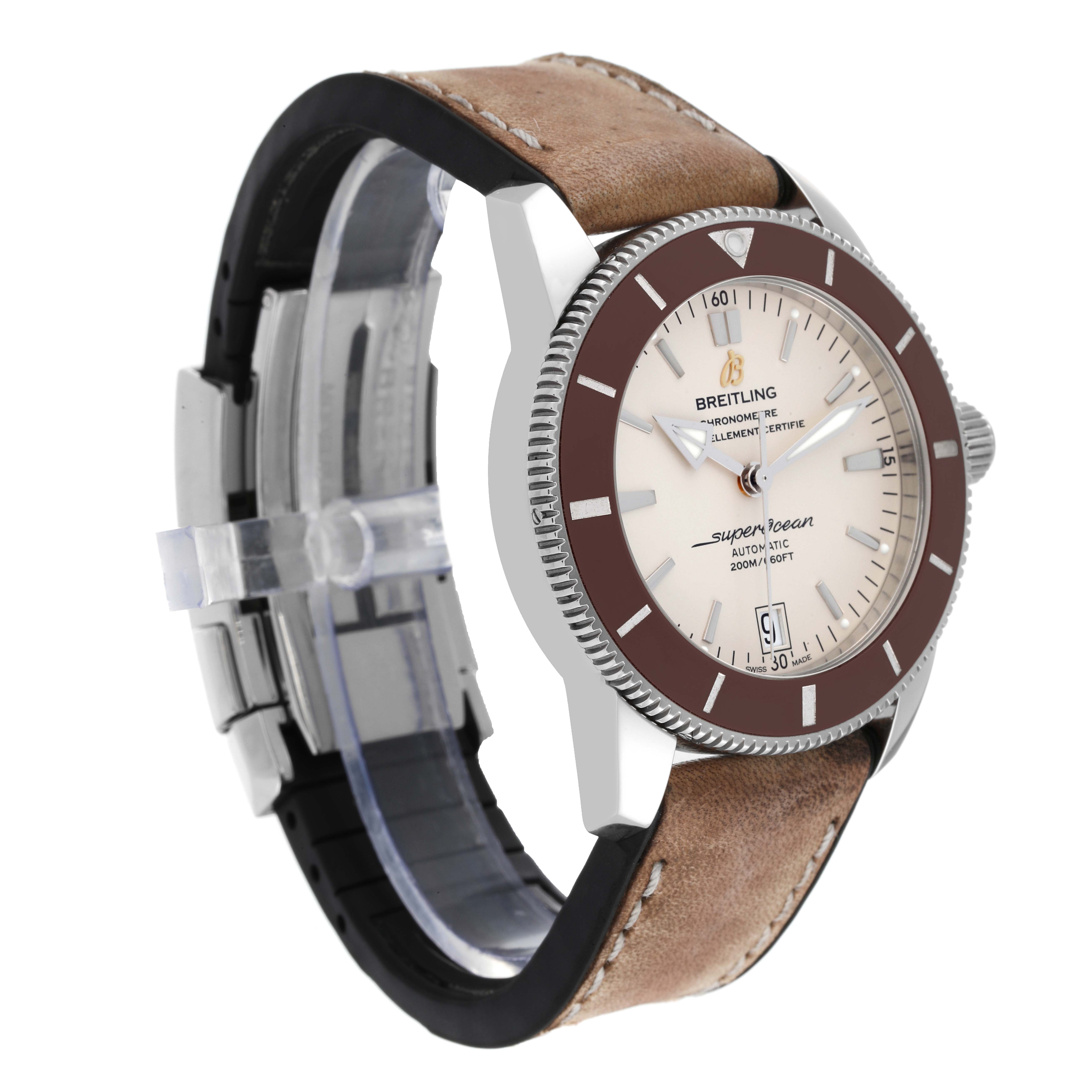 This Breitling Superocean AB2010 Men's Stainless Steel Beige Dial AB2010 Men's Stainless Steel Beige Dial watch is shown at a three-quarter angle, displaying its dial, bezel, crown, case, and leather strap.