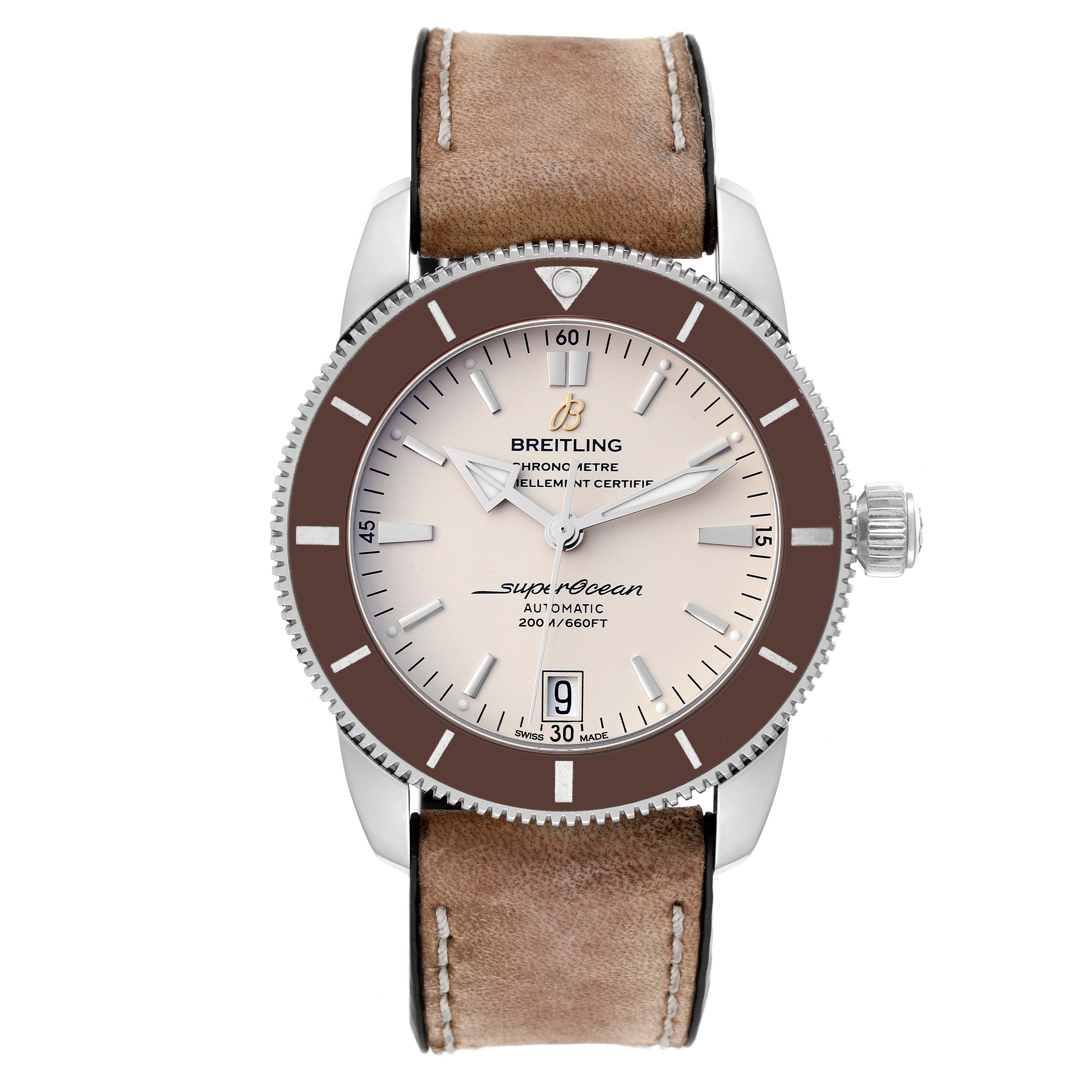 This image shows a front view of the Breitling Superocean AB2010 Men's Stainless Steel Beige Dial AB2010 Men's Stainless Steel Beige Dial watch with a beige dial, brown bezel, and tan leather strap.