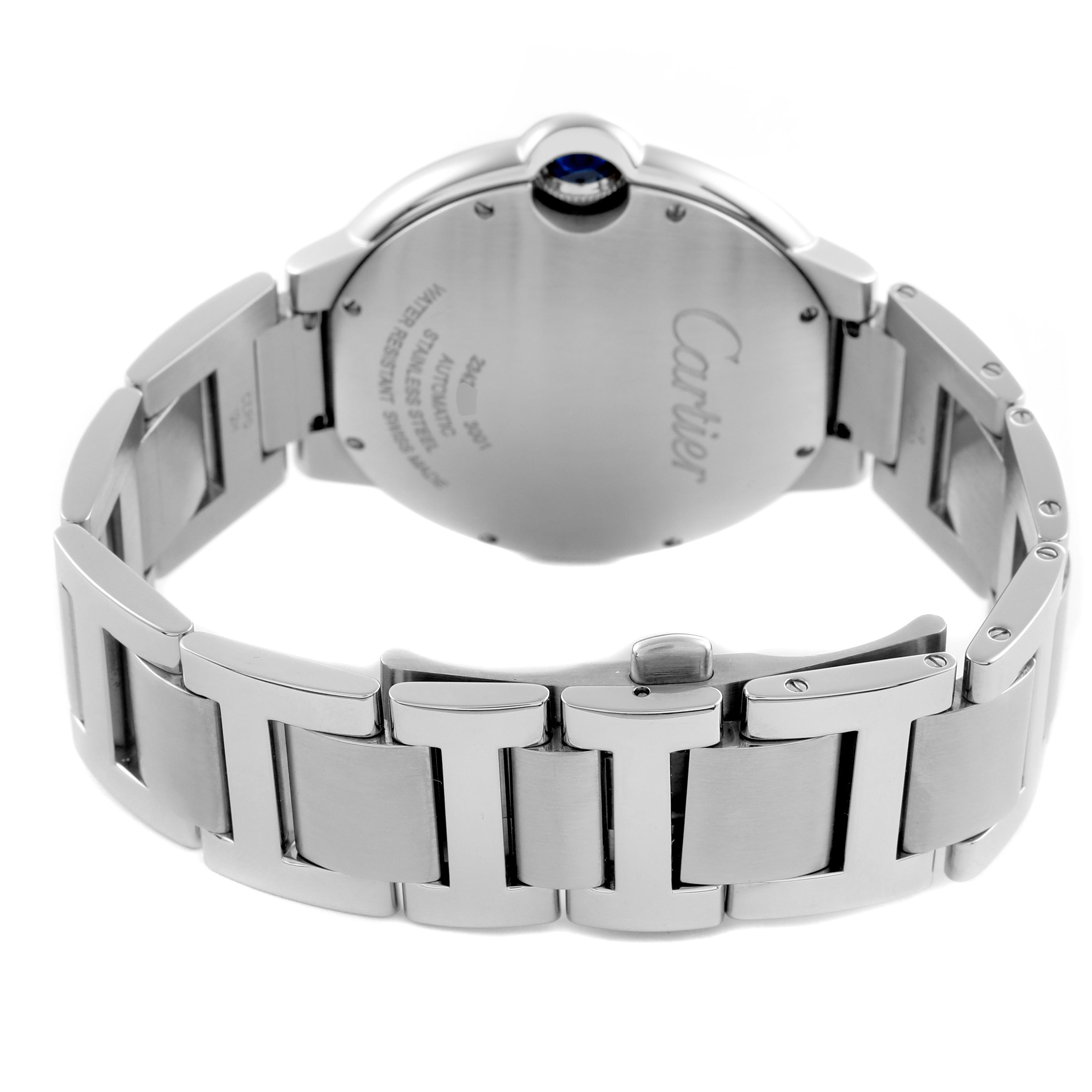The image shows the back of a Cartier Ballon Bleu W69012Z4 Men's Stainless Steel Silver Dial W69012Z4 Men's Stainless Steel Silver Dial watch, highlighting its bracelet and clasp.