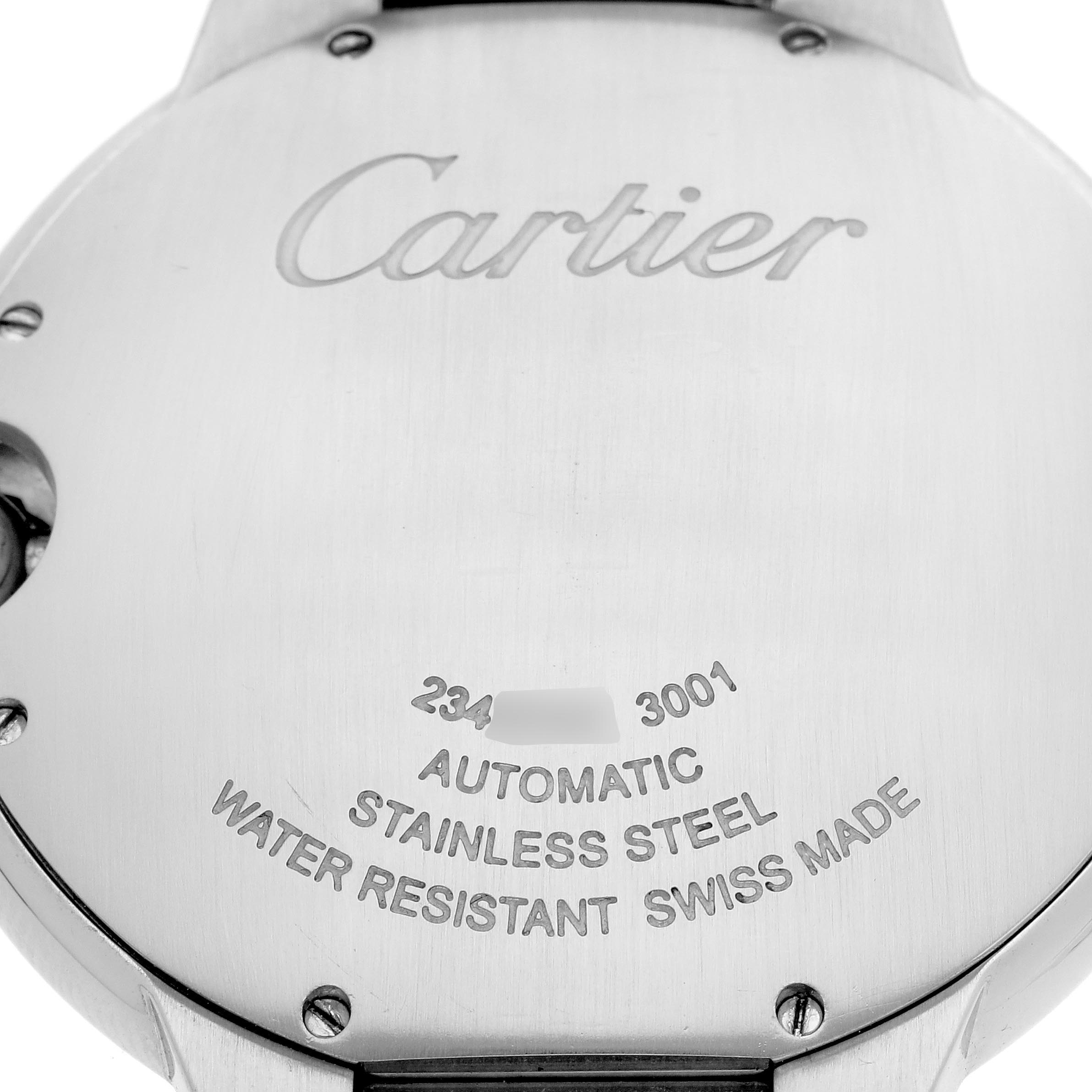 The image shows the back of a Cartier Ballon Bleu W69012Z4 Men's Stainless Steel Silver Dial W69012Z4 Men's Stainless Steel Silver Dial watch, highlighting engravings and the mechanism cover.