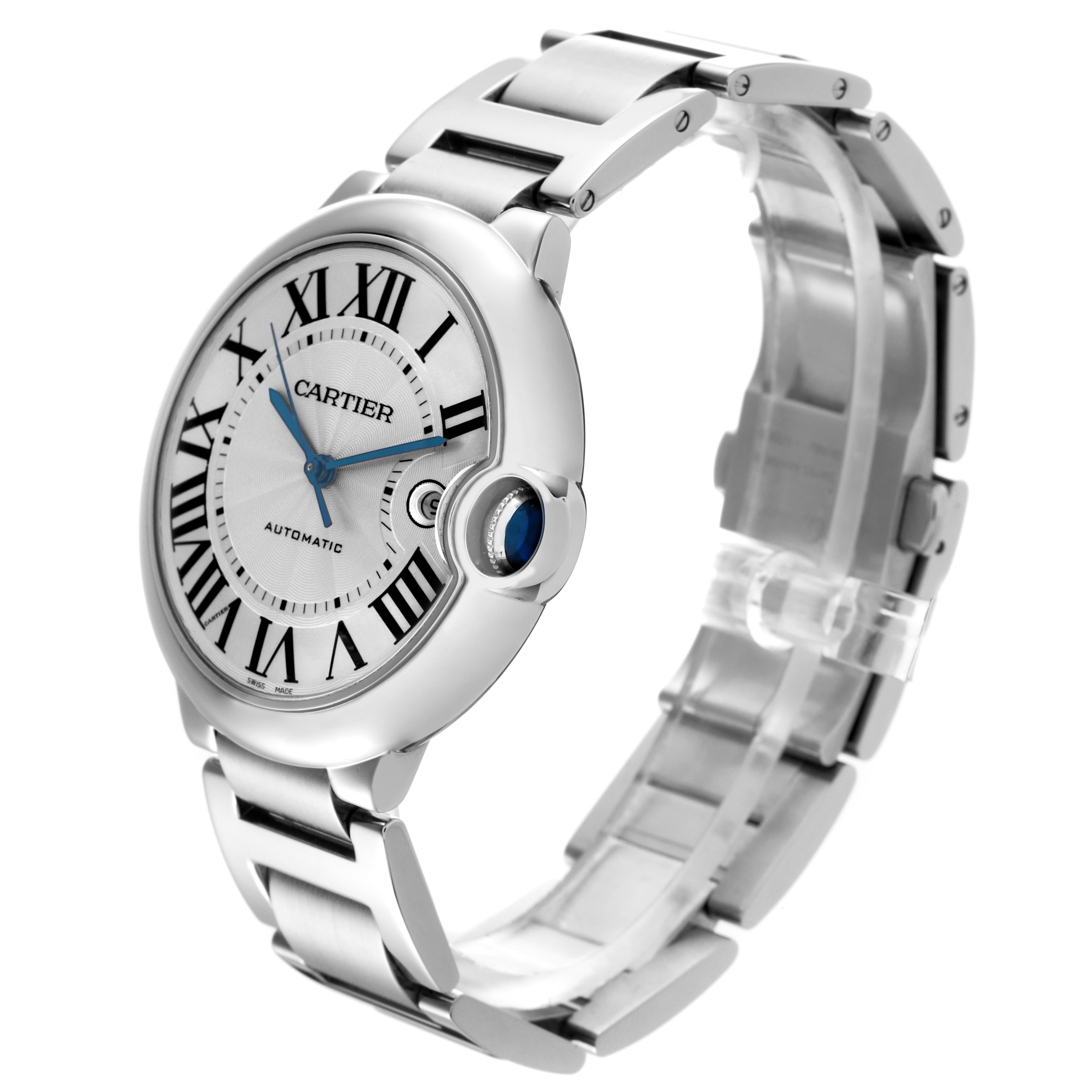 The Cartier Ballon Bleu W69012Z4 Men's Stainless Steel Silver Dial W69012Z4 Men's Stainless Steel Silver Dial watch is shown at a 3/4 angle, highlighting the round face, Roman numerals, and metal bracelet.