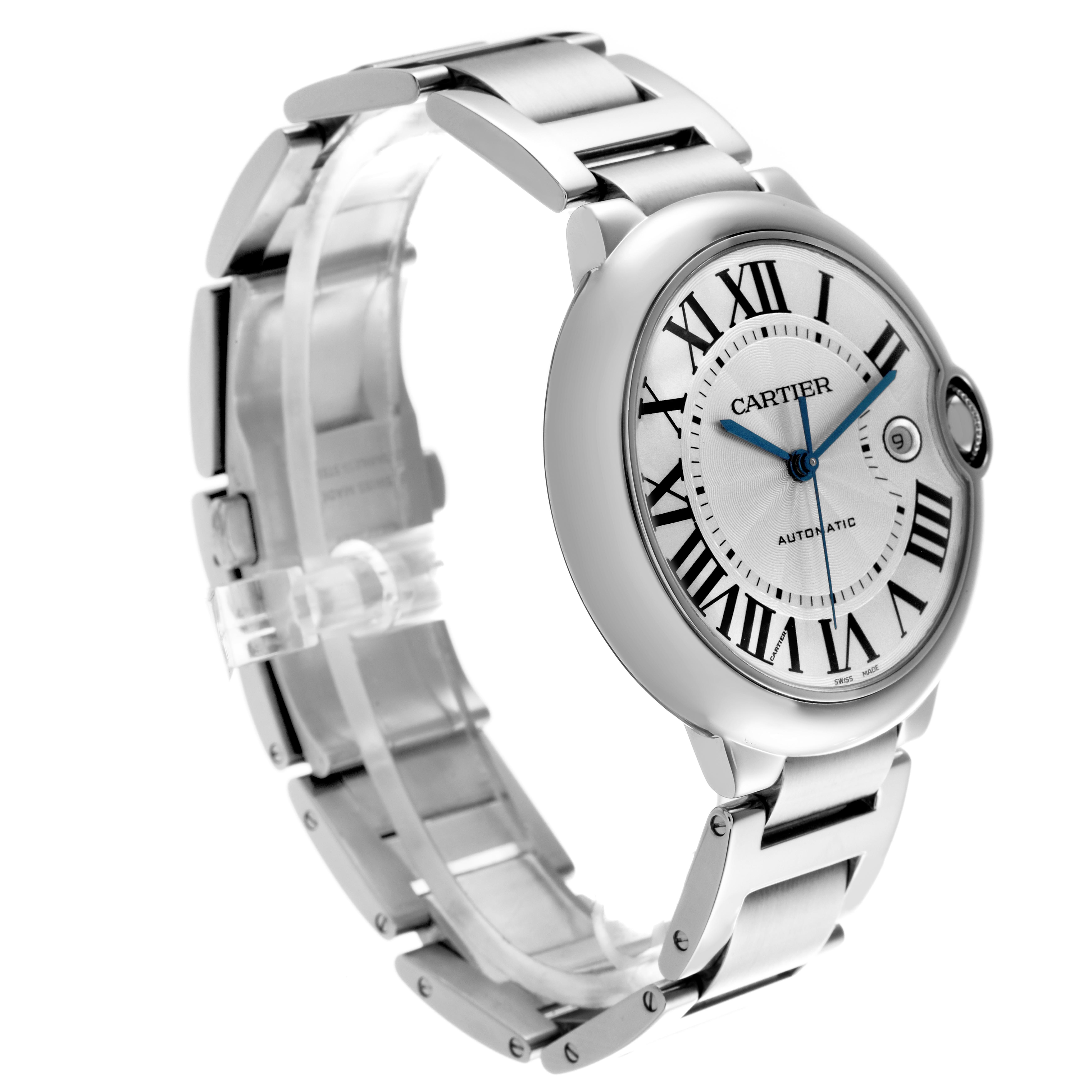 The Cartier Ballon Bleu W69012Z4 Men's Stainless Steel Silver Dial W69012Z4 Men's Stainless Steel Silver Dial watch is shown from an angled side view, highlighting the bracelet and round case with Roman numeral dial.
