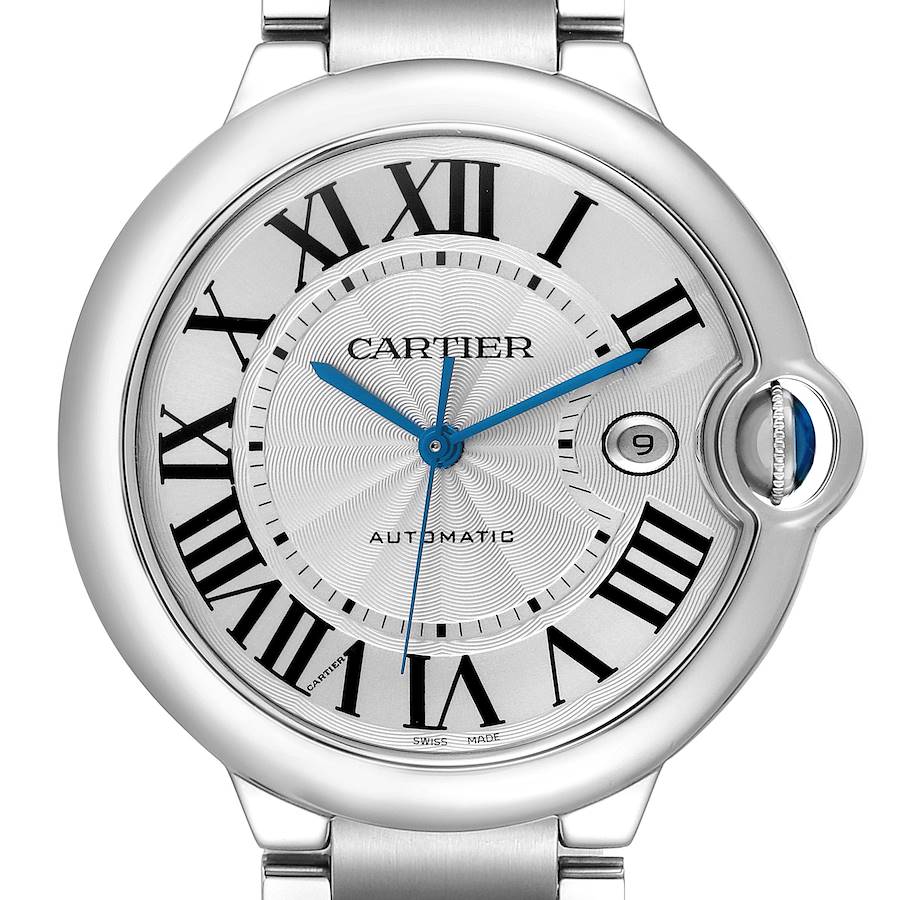 The Cartier Ballon Bleu watch is shown from a front angle, highlighting the Roman numerals, hands, and date window.