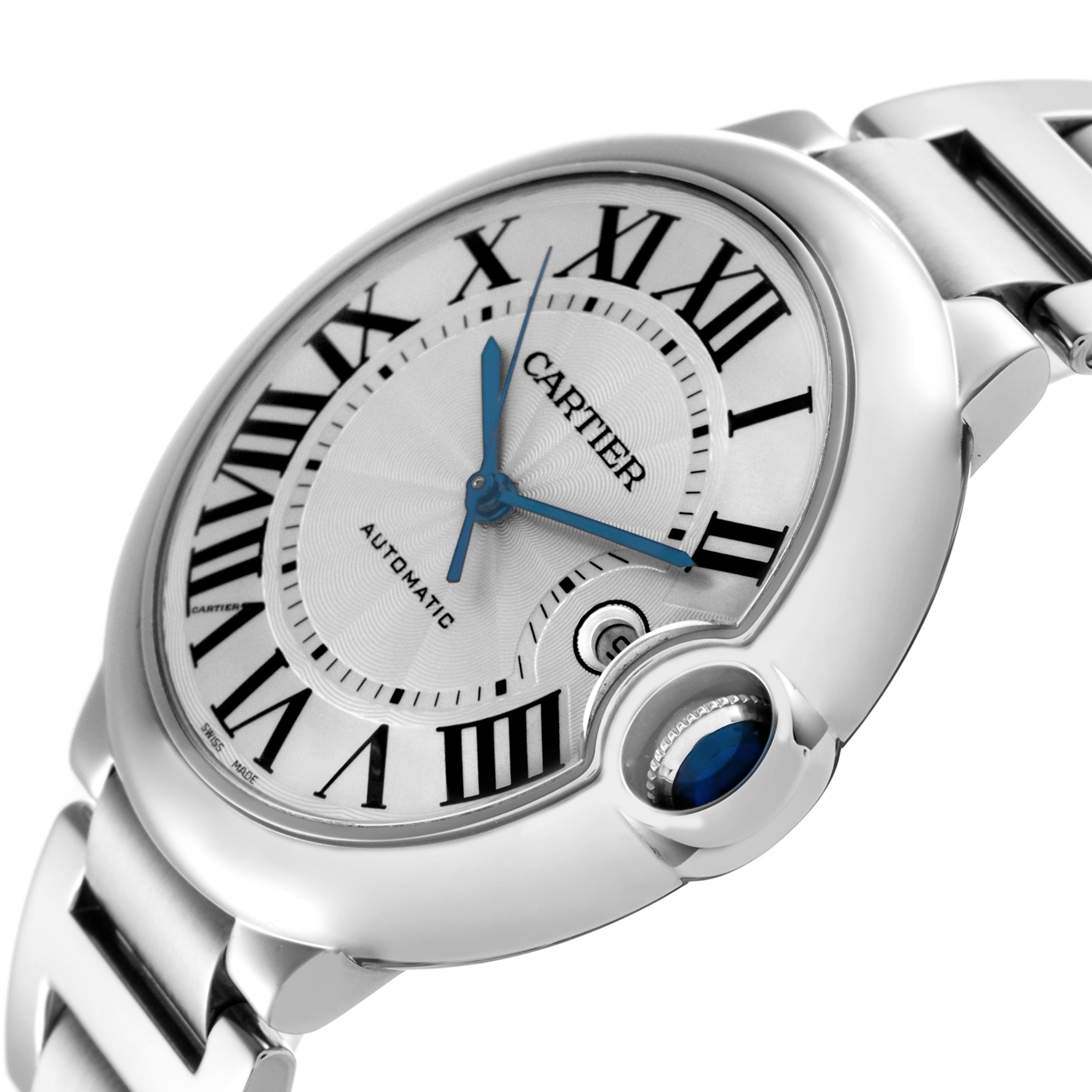 The Cartier Ballon Bleu W69012Z4 Men's Stainless Steel Silver Dial W69012Z4 Men's Stainless Steel Silver Dial watch is shown at an angled side view, highlighting the face, Roman numerals, and blue hands.