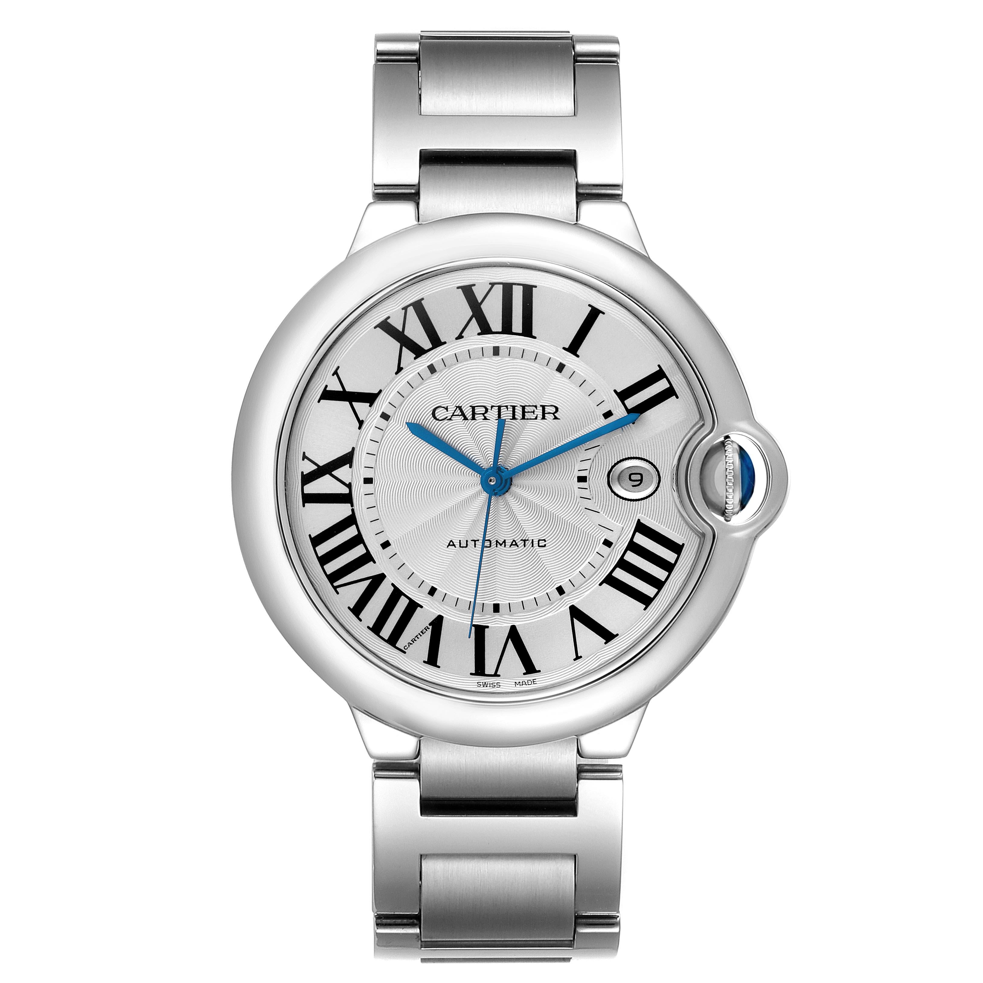 The Cartier Ballon Bleu W69012Z4 Men's Stainless Steel Silver Dial W69012Z4 Men's Stainless Steel Silver Dial watch is shown directly from the front, displaying the dial, case, and part of the bracelet.