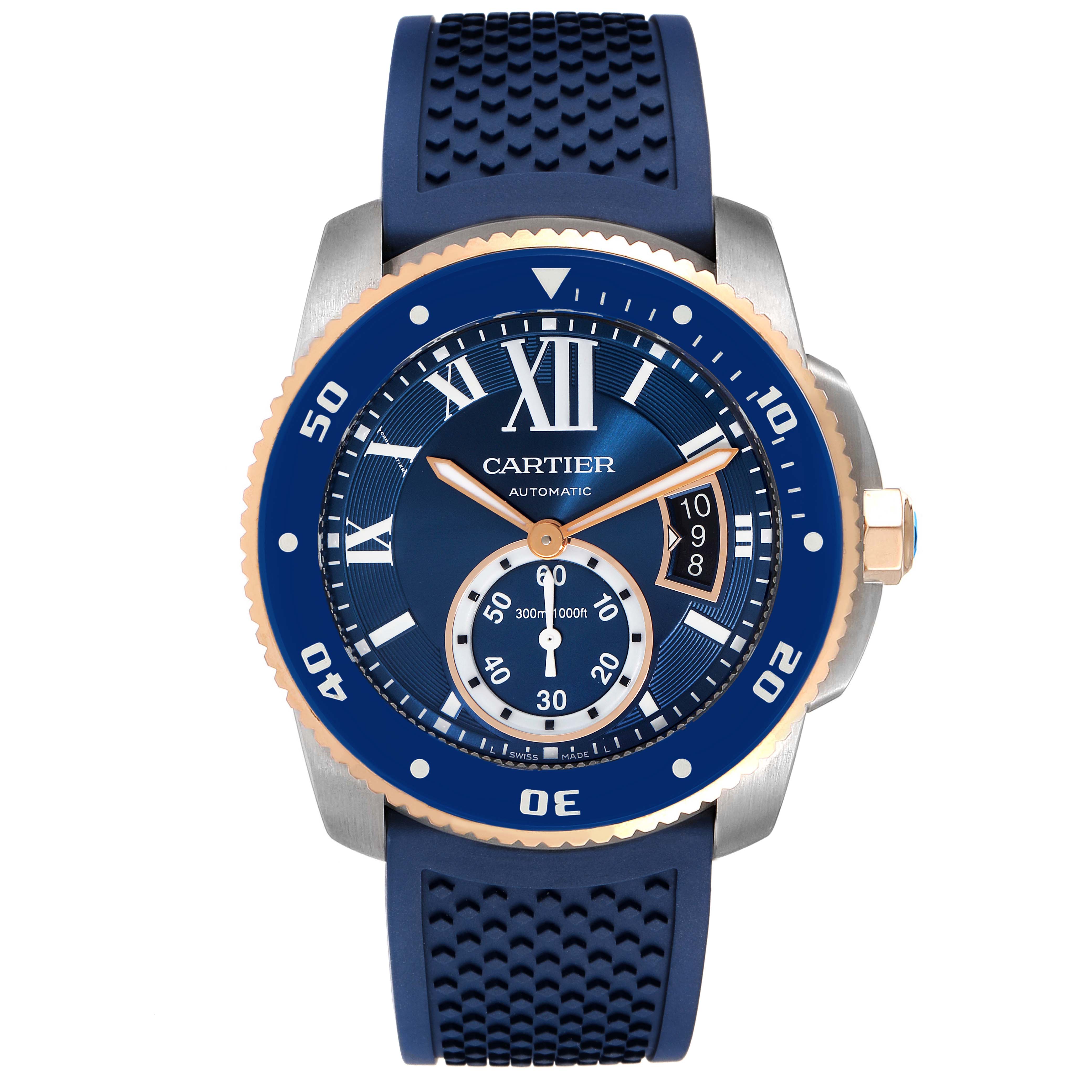 This Calibre de Cartier model by Cartier is shown from a top-down angle, highlighting the face, strap, and bezel.