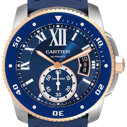 Photo of Cartier Calibre Diver Steel Rose Gold Blue Dial Watch W2CA0009 Box Card