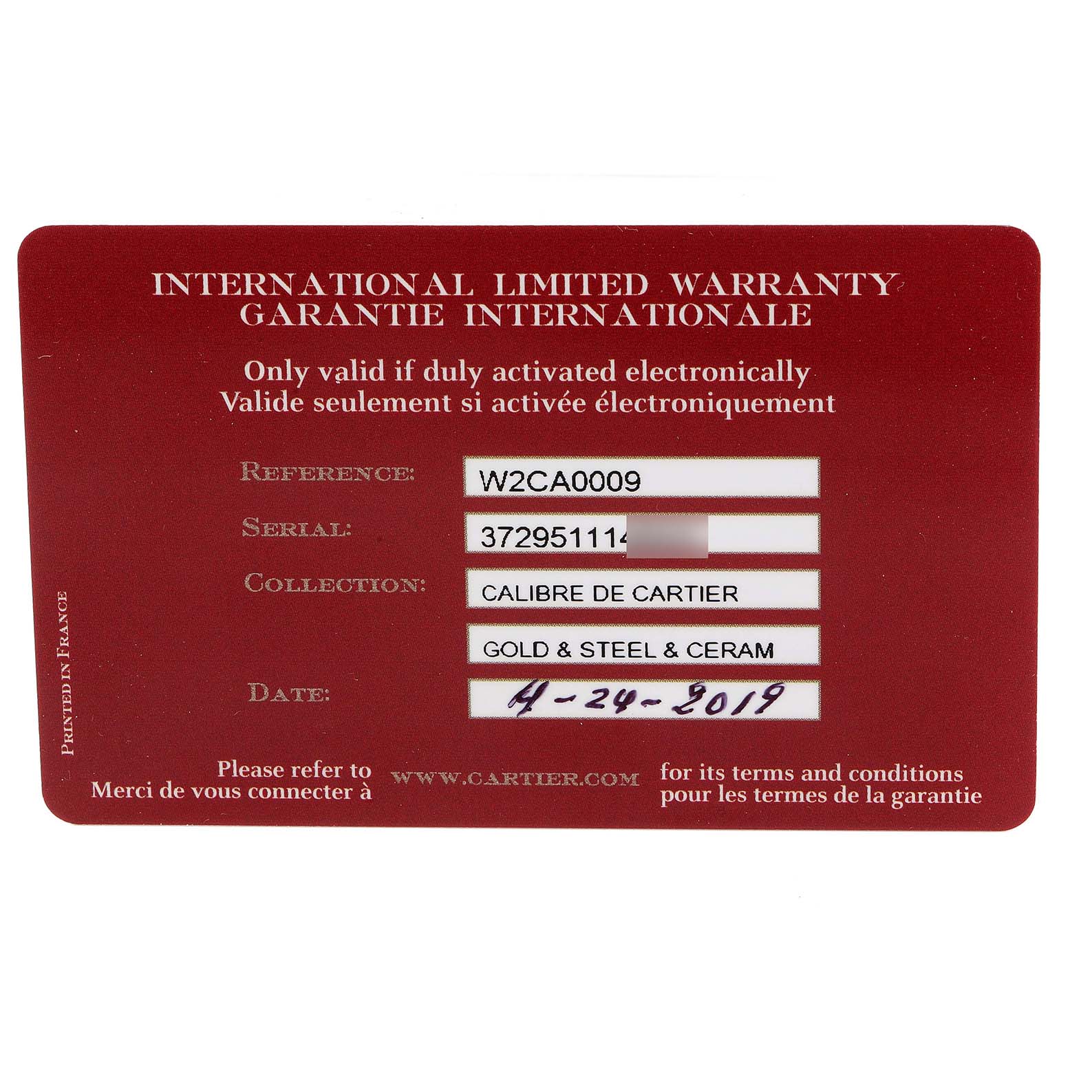 The image shows a warranty card for the Calibre de Cartier model by Cartier, listing reference, serial number, collection, and purchase date.