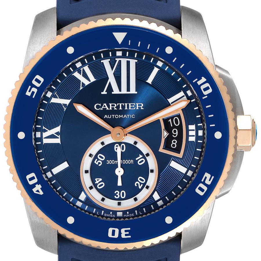 Cartier Calibre Diver Steel Rose Gold Blue Dial Watch W2CA0009 Box Card SwissWatchExpo