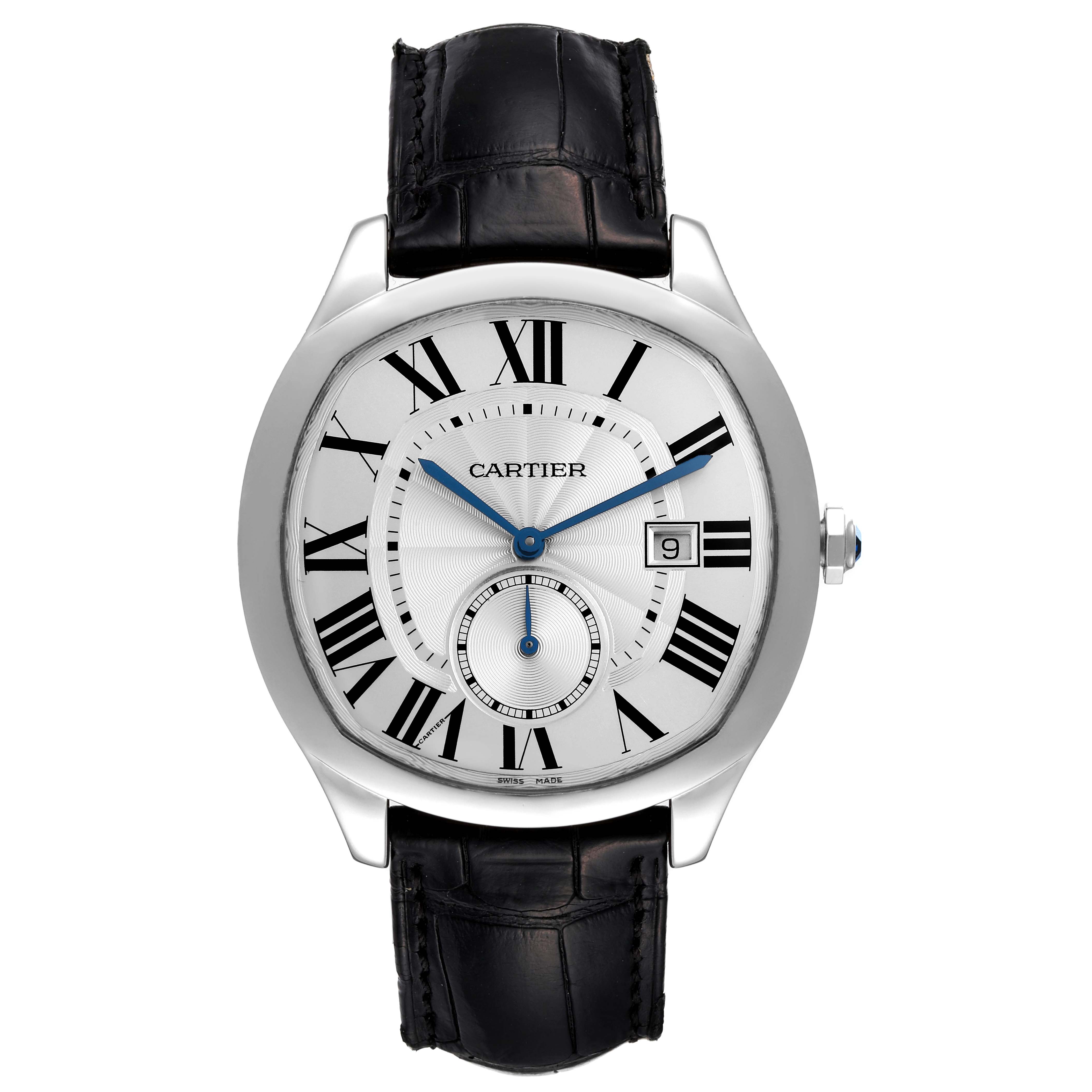 This image shows a frontal view of the Drive de Cartier watch by Cartier, featuring its dial, case, and leather strap.