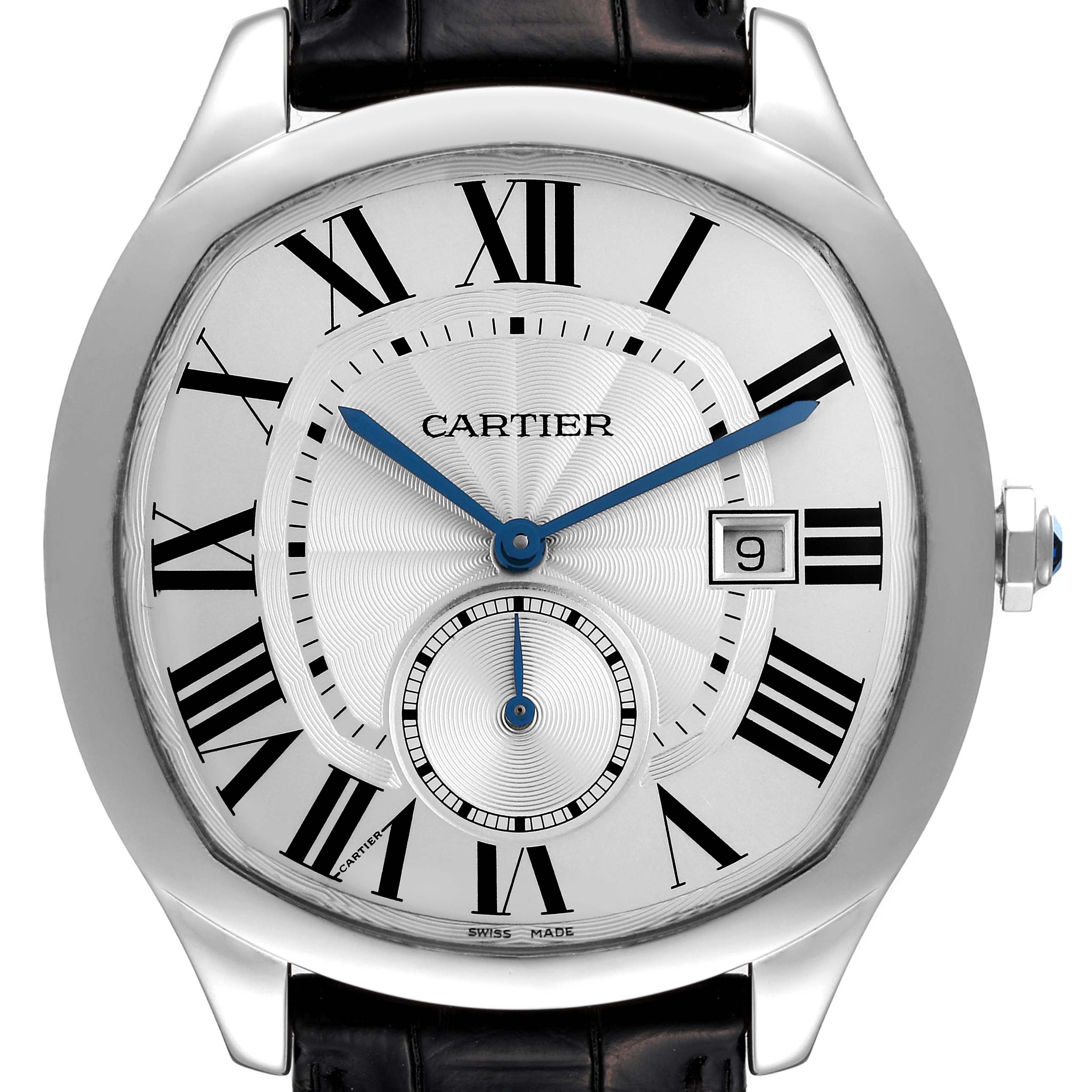 This image shows a front view of the Drive de Cartier watch by Cartier, displaying the dial, hands, date window, and part of the strap.