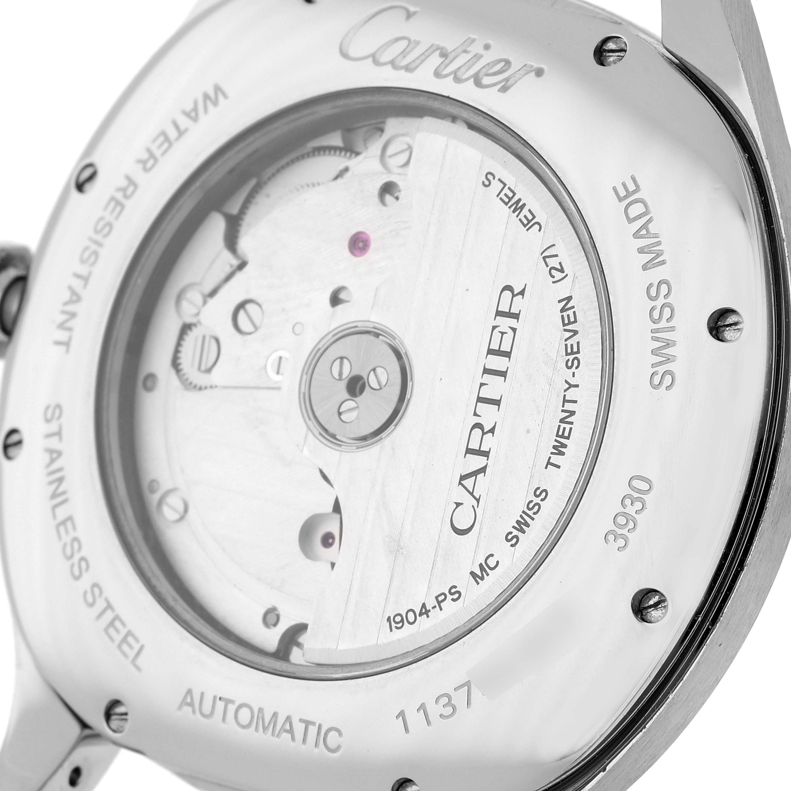 This image shows the back of the Drive de Cartier watch by Cartier, highlighting its automatic movement and inscriptions.